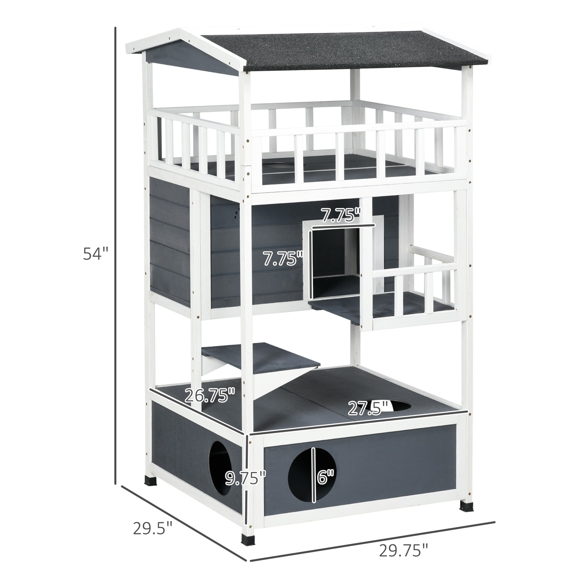 Pawhut Wooden Outdoor Cat House, Feral Cat Shelter Kitten Tree With Asphalt Roof, Escape Doors, Condo, Jumping Platform, Grey Grey Wood