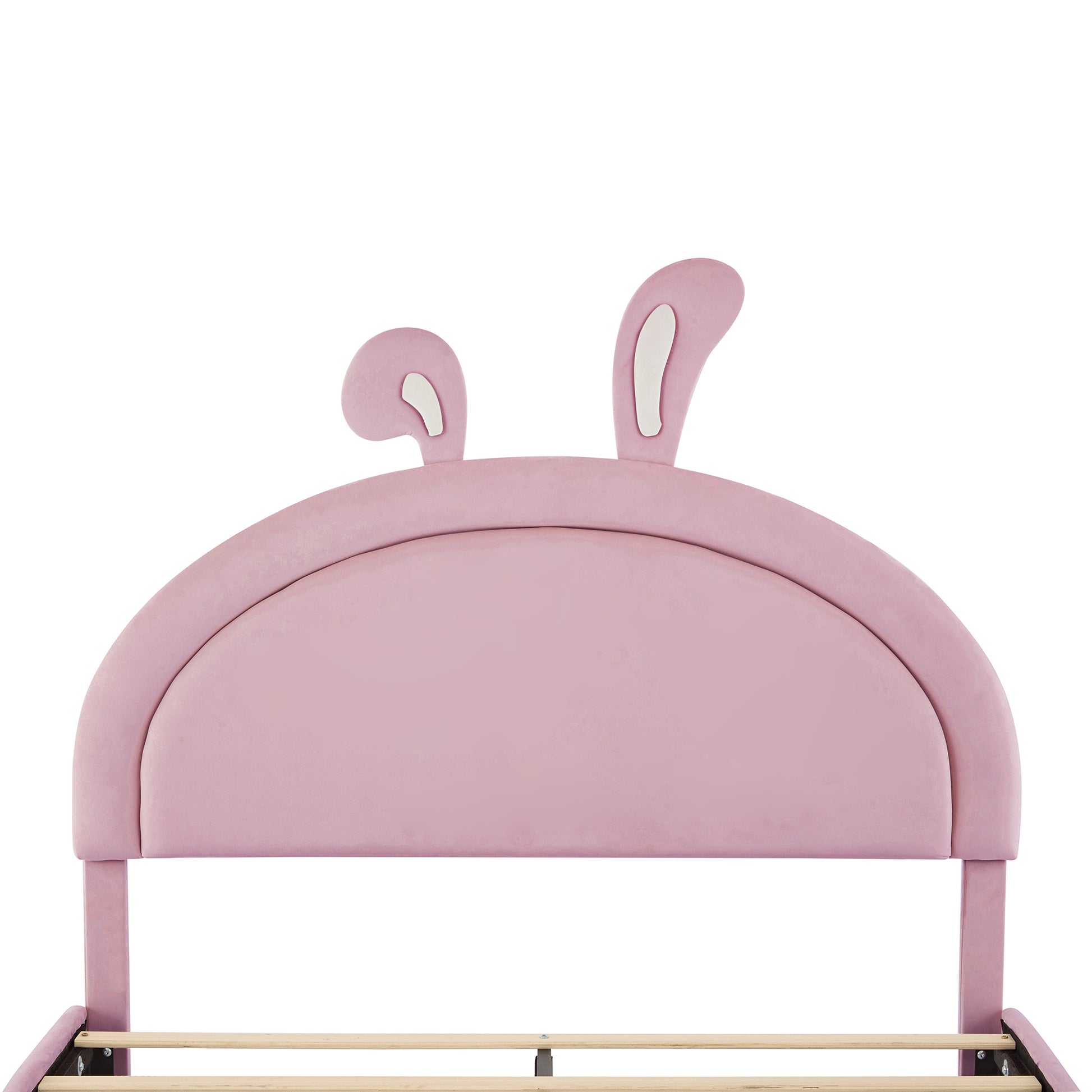 Full Size Upholstered Rabbit Shape Bed With 2 Storage Stools, Velvet Platform Bed With Cartoon Ears Shaped Headboard, Pink Full Pink Wood