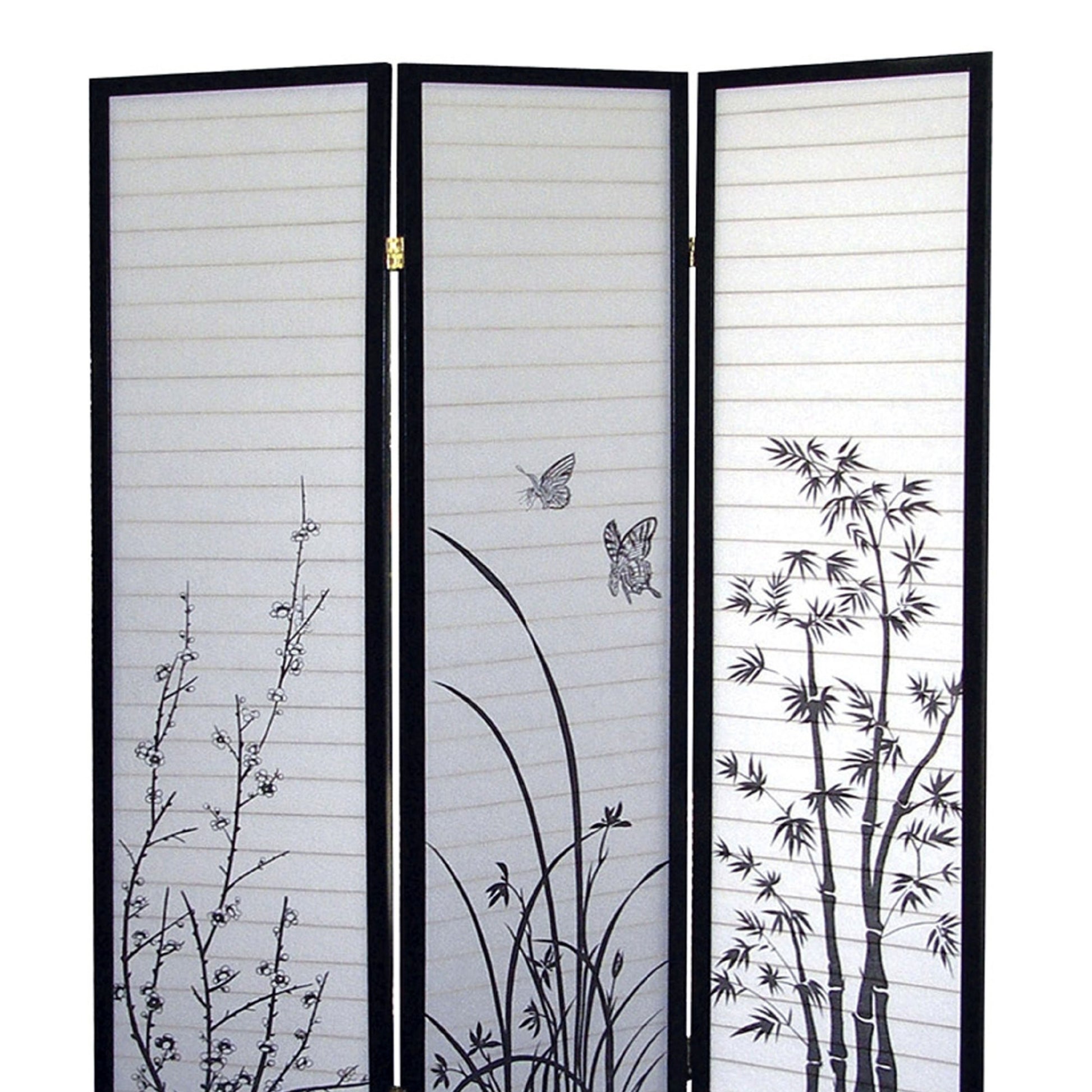 70" Tall 3 Panel Screen Room Divider, Floral Design With Black Finish Black Wood