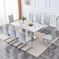 1 Table And 8 Chairs Set.Modern Grey Mdf Faux Marble Dining Table With Double V Shaped Supports.Paired With 8 Modern Pu Artificial Leather Soft Cushion With Silver Metal Legs.F Vv,C 1162 Gray Silver Seats 8 Mdf Metal