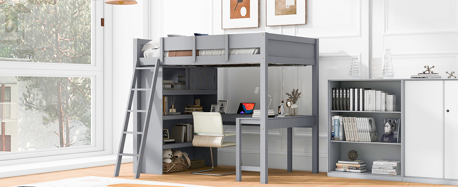 Full Size Loft Bed With Desk And Shelf Gray Full Gray Solid Wood