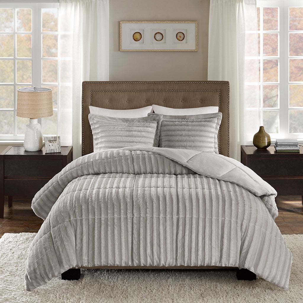 Faux Fur Comforter Mini Set King Grey Polyester