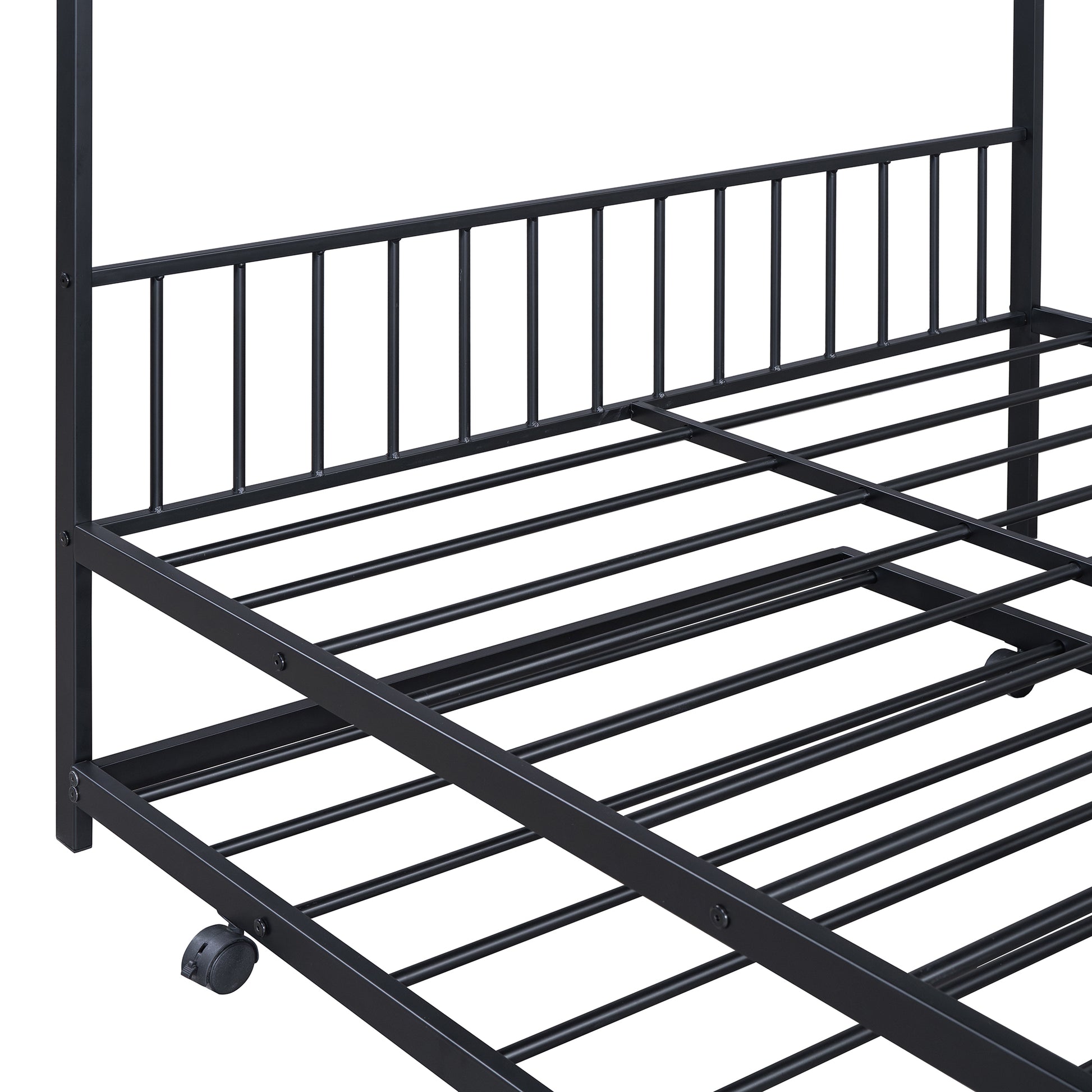 Full Size Metal House Bed With Twin Size Trundle, Black Full Black Metal
