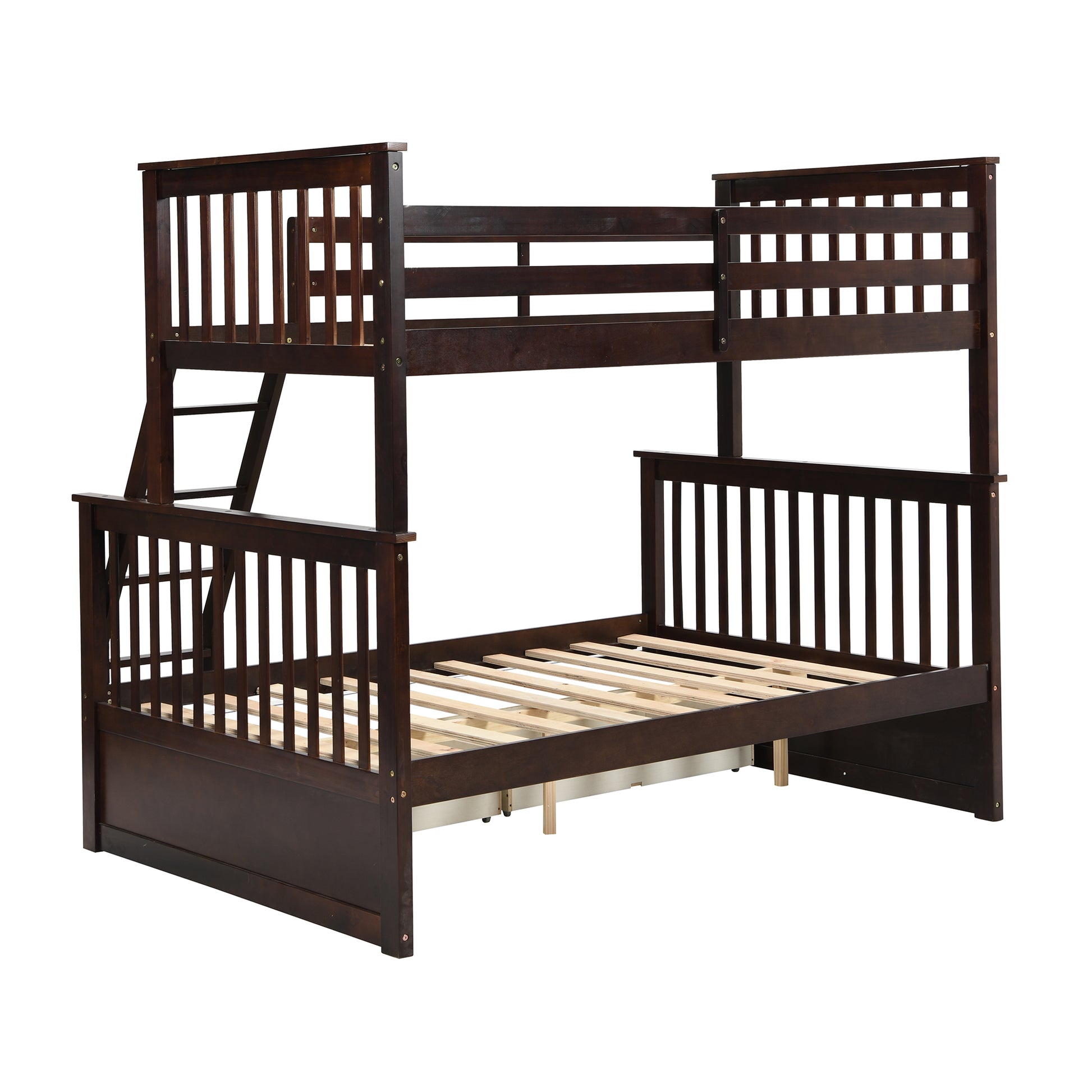 Twin Over Full Bunk Bed With Storage Drawers, Wooden Bunk Bed With Ladder And Safety Guard Rails Espresso Full Espresso Wood