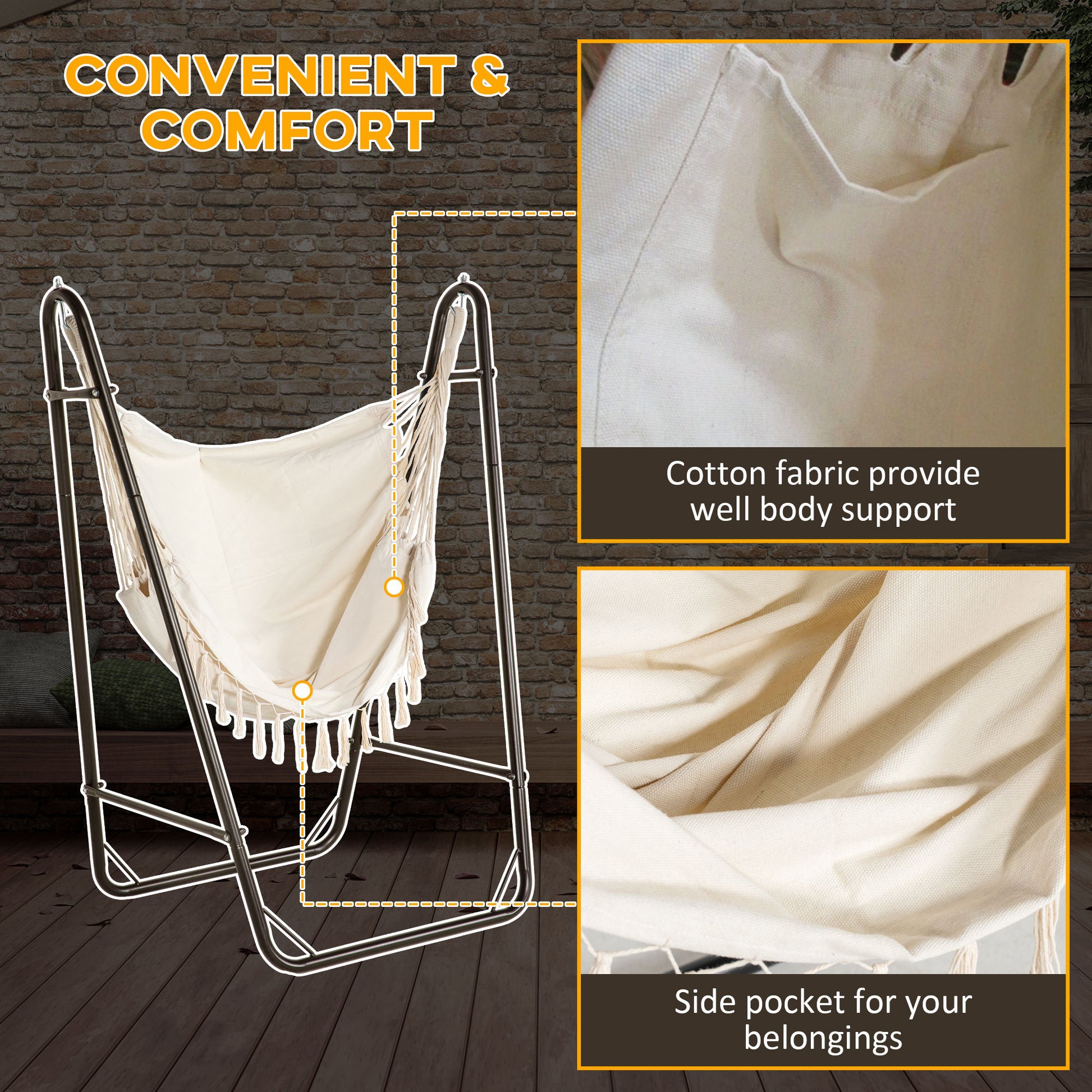Outsunny Patio Hammock Chair With U Shape Stand, Outdoor Hammock Swing Hanging Lounge Chair With Side Pocket, Brown Cream White White Steel