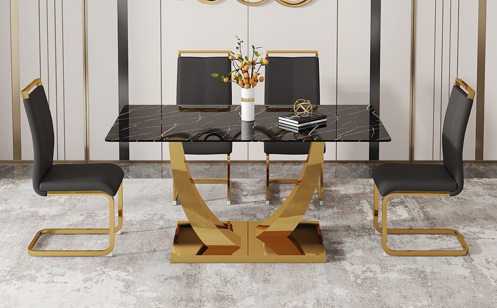 Table And Chair Set.Modern Rectangular Dining Table With Black Textured Stickers Glass Tabletop And Gold Plated Metal Legs.Paried With 4 Comfortable Chairs With Pu Seats And Golden Metal Legs. Black