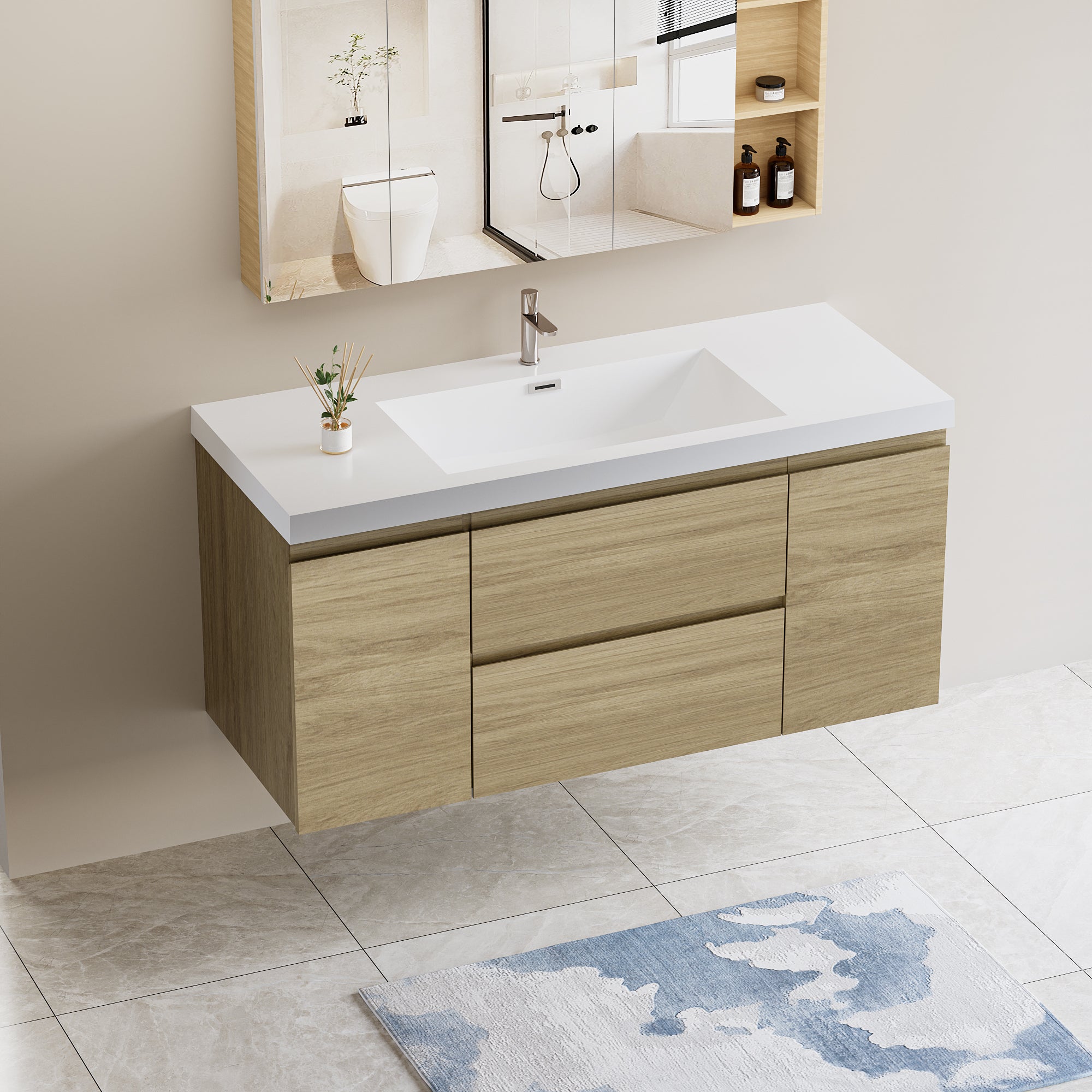 48" Floating Bathroom Vanity With Sink, Modern Wall Mounted Bathroom Storage Vanity Cabinet With Resin Top Basin And Soft Close Drawers, Natural Oak 24V11 48No 2 Oak 2 Bathroom Wall Mounted Melamine