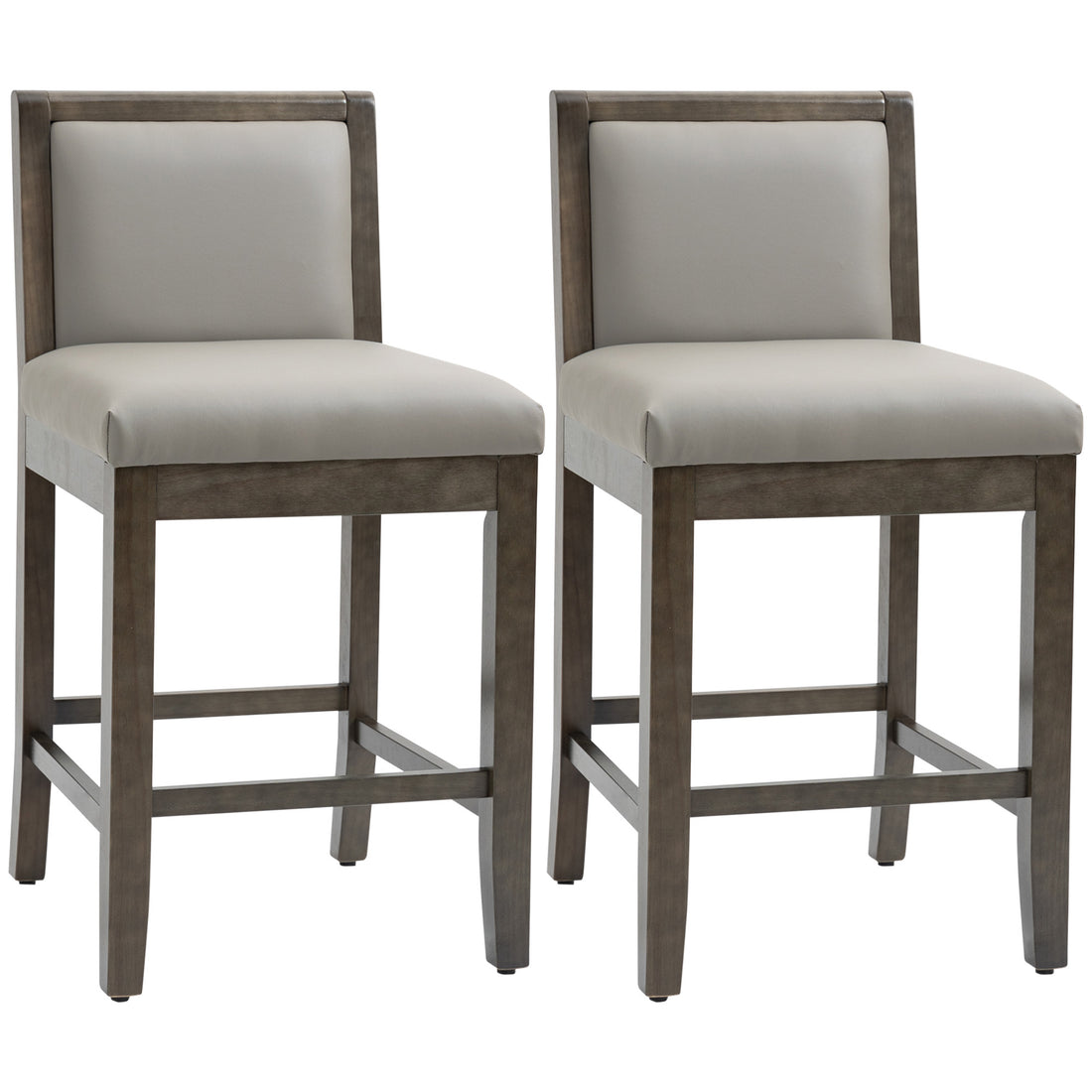 Homcom 25.5" Counter Height Bar Stools Set Of 2, Pu Leather Kitchen Stool, Upholstered Bar Chairs With Back, Wood Legs, Grey Grey Rubber Wood