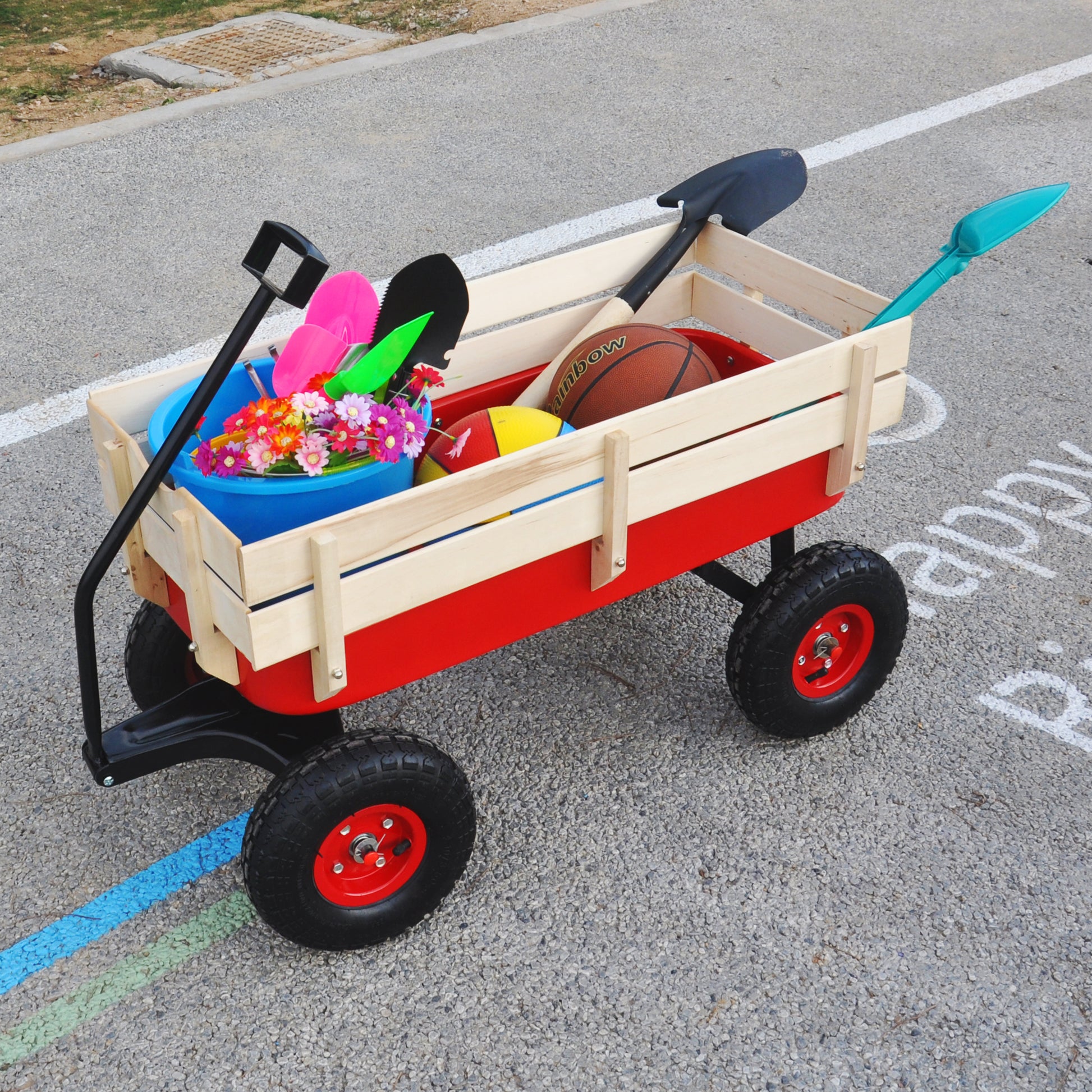 Outdoor Sport Wagon Tools Cart Wooden Side Panels Air Tires Wagon Red Red Garden & Outdoor Metal