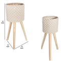 Textured Ceramic Planter With Tripod Legs, Set Of 2, Cream And Brown Cream Wood