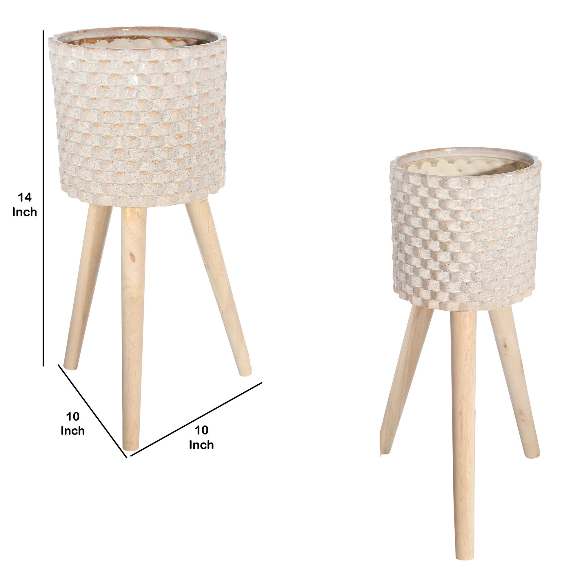 Textured Ceramic Planter With Tripod Legs, Set Of 2, Cream And Brown Cream Wood