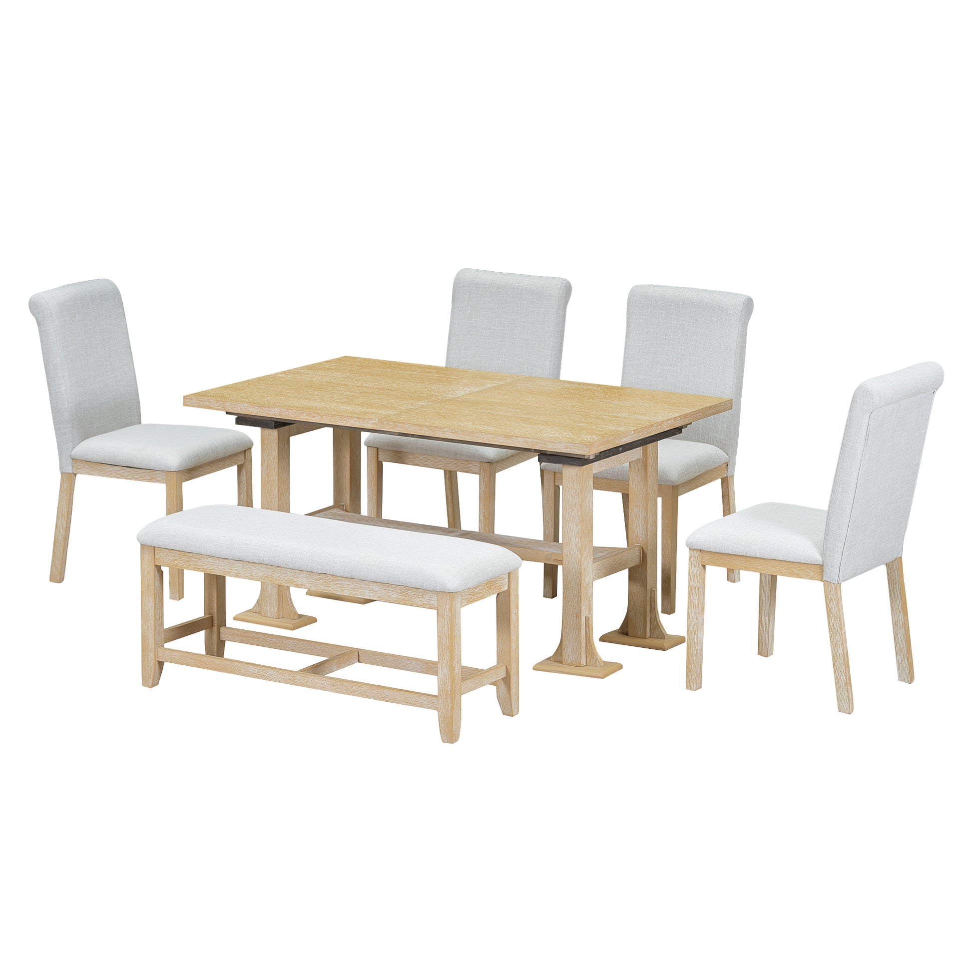 Farmhouse 76Inch 6 Piece Extendable Dining Table Set Trestle Kitchen Table Set With 18Inch Removable Leaf And Upholstered Dining Chair And Bench For Dining Room, Natural Wood Dining Room Extendable Rubberwood Rectangular Dining Table With Chair And Bench