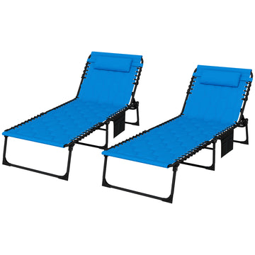 Outsunny Folding Chaise Lounge Set With 5 Level Reclining Back, Outdoor Lounge Tanning Chair With Padded Seat, Side Pocket & Headrest For Beach, Yard, Patio, Blue Blue Steel