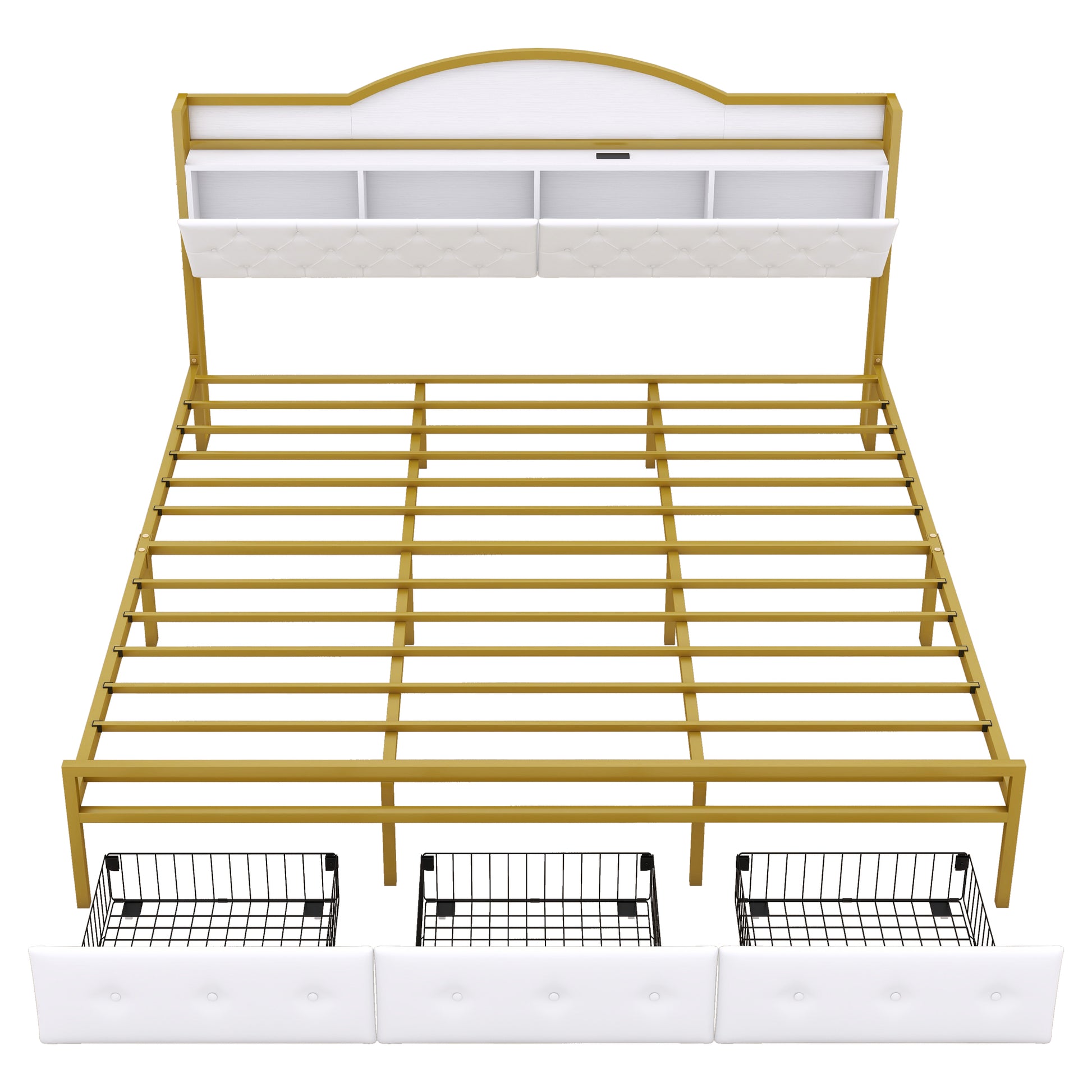 Metal Platform Bed With 3 Drawers, Storage Headboard, King, Gold King Gold White Fabric Metal