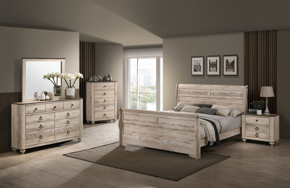 Imerland Contemporary White Wash Finish Bedroom Set With Queen Sleigh Bed, Dresser, Mirror, Nightstand, Chest Box Spring Required Queen Walnut Brown Wood Light Brown 5 Piece Set Bedroom Bed Included,Chest Included,Dresser Included,Mirror