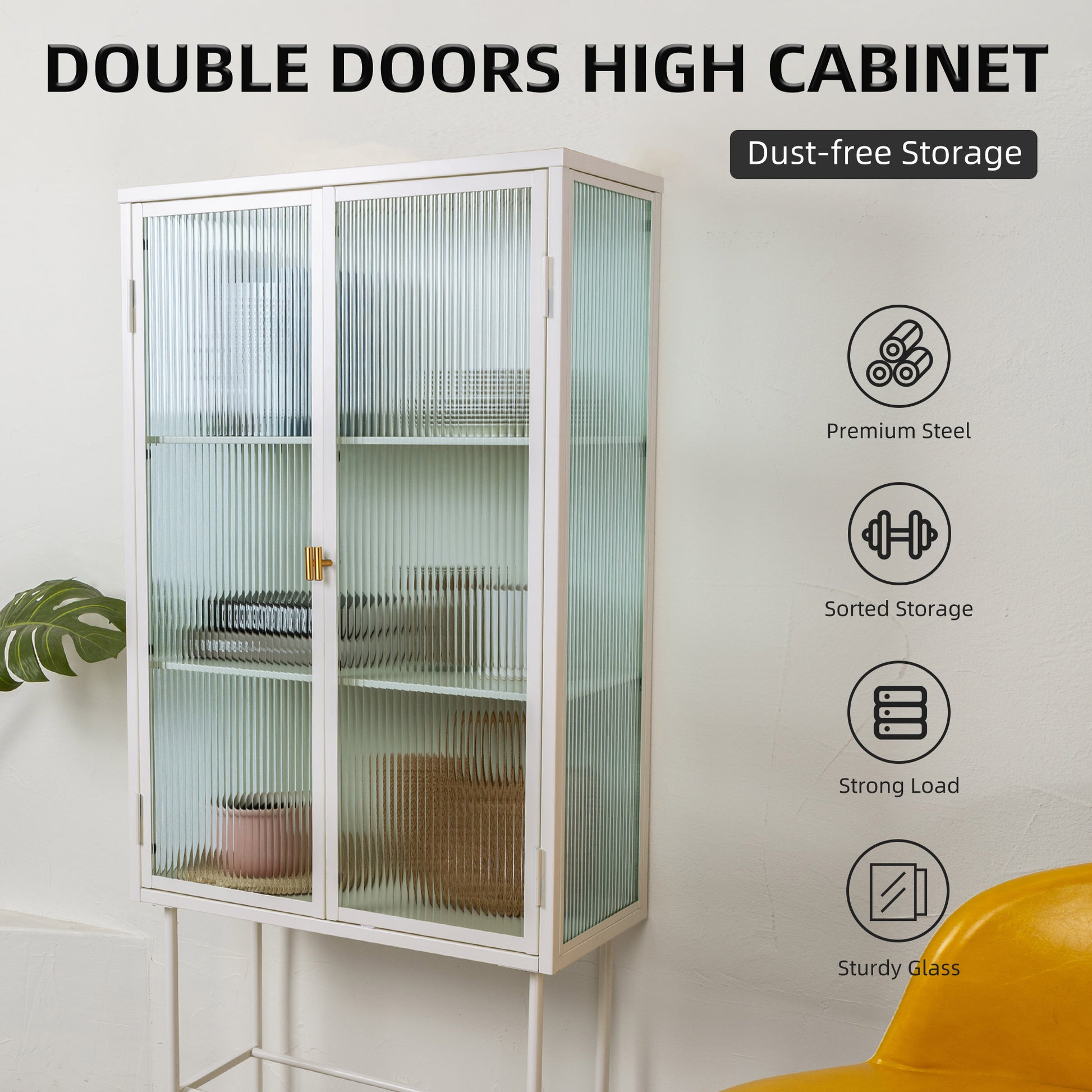 White Tall Freestanding Display Cupboard Stylish Fluted Glass Storage Cabinet With Glass Doors Three Detachable Shelves Bottom Space For Office Dining Room Living Room Bedside Old Sku:W68743735 White Steel