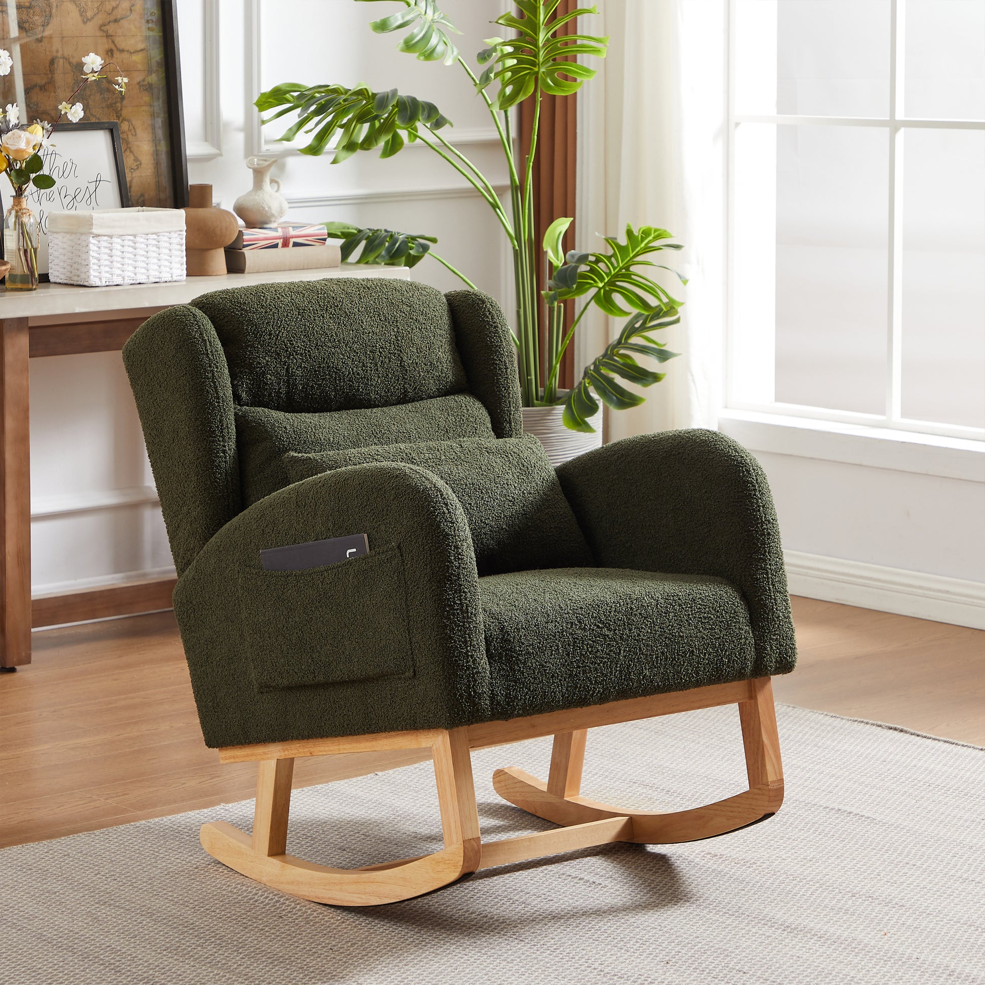 27.2"W Modern Accent High Backrest Living Room Lounge Arm Rocking Chair, Two Side Pocket Army Green Foam Fabric