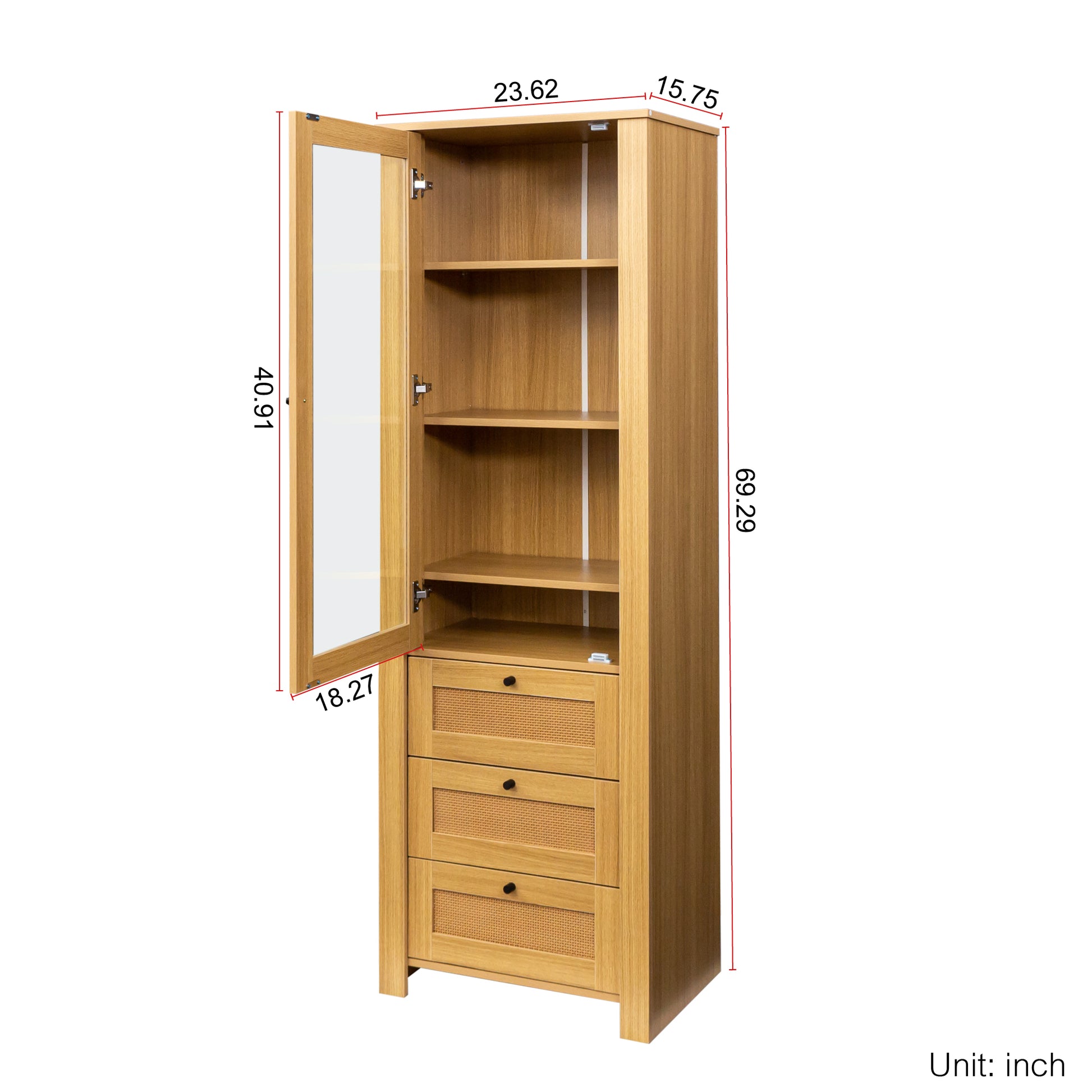 Rattan Door Bookshelf Display Case With Drawer