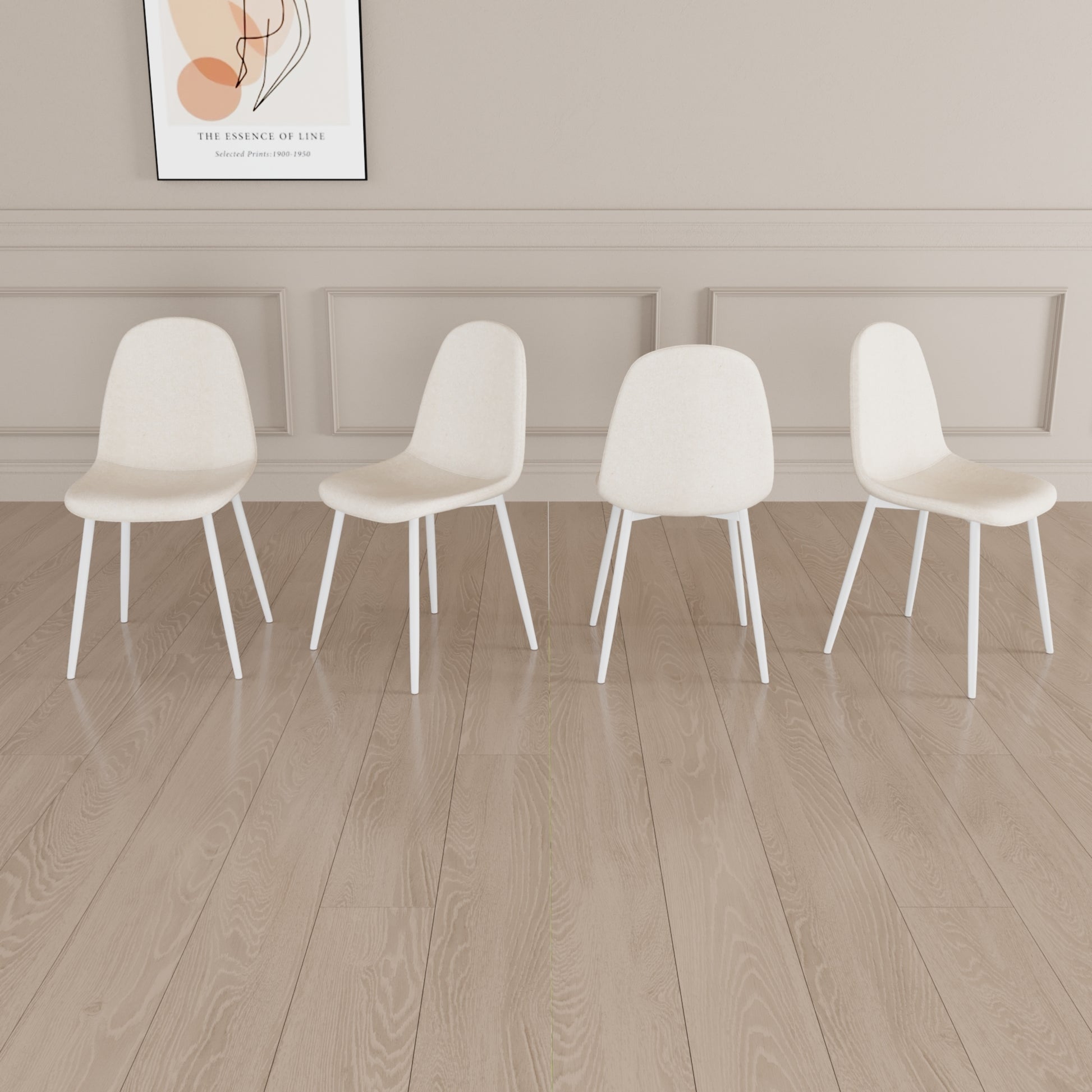 Dining Chairs Set Of 4, Modern Accent Chairs With Linen Fabric Upholstered Seat, Spoon Shape Kitchen Chair With White Metal Legs Dining Side Chairs For Dining Room Kitchen Beige Beige Linen