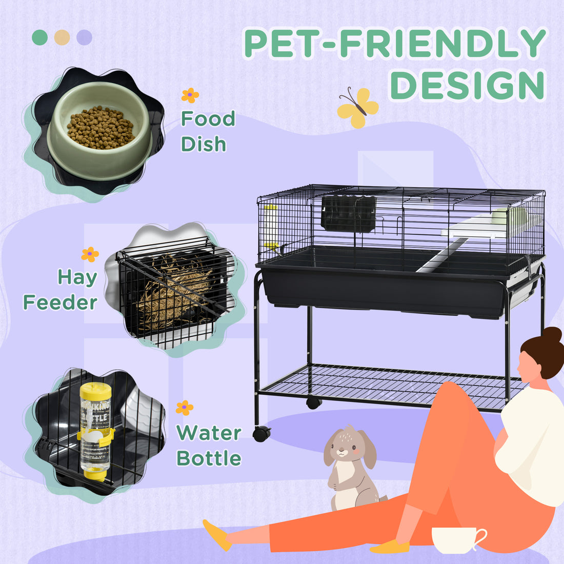 Pawhut Two Story Small Animal Cage Removable From Stand, Guinea Pig Cage, Hedgehog Cage, Chinchilla Cage, Ferret, With Shelf & Wheels, Pet Habitat, 39" X 20.5" X 36.5" Black Grey Plastic