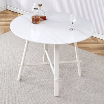 A Modern Minimalist Circular Dining Table With A 42 Inch Diameter White Patterned Tabletop And White Metal Legs. Suitable For Restaurants, Living Rooms, And Conference Rooms. White Mdf Metal