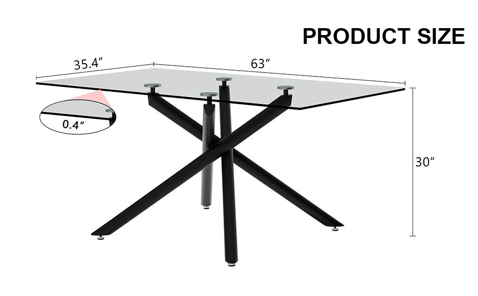 Large Modern Minimalist Rectangular Glass Dining Table For 6 8 With 0.39" Tempered Glass Tabletop And Black Color Metal Legs, For Kitchen Dining Living Meeting Room Banquet Hall Black Glass