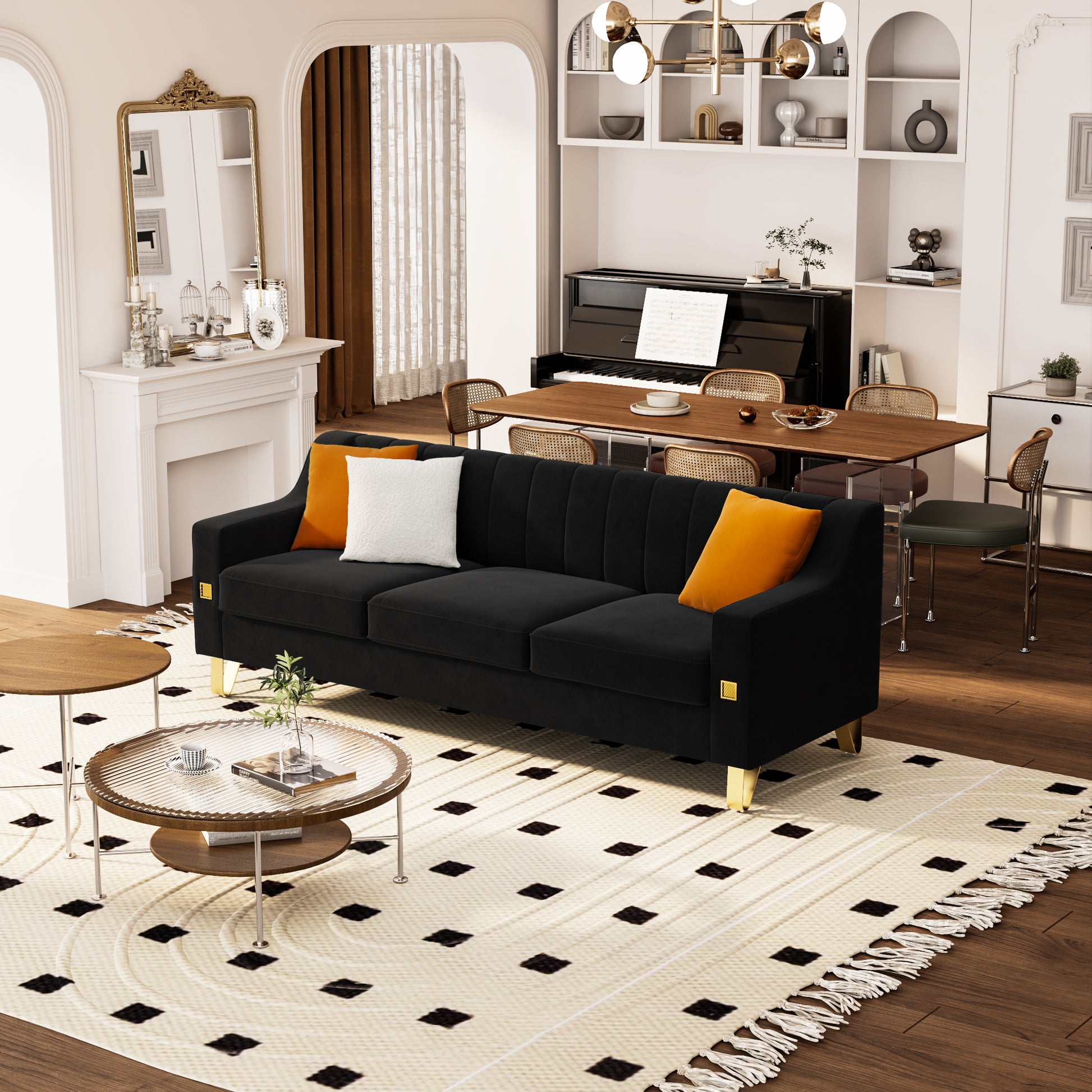 Fx P85 3S Bk 3 Seats Sofa Black Velvet 3 Seat