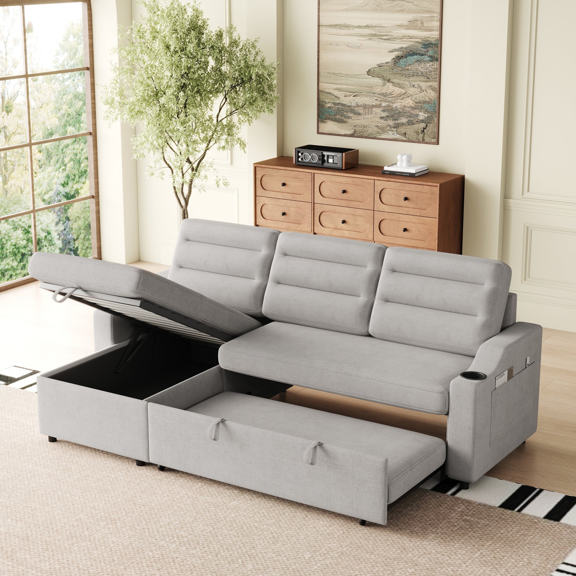 Mh83.5" Convertible Sleeper Combo Sofa, Convertible Sofa Bed Polyester Pullout Bed With Storage Recliner And Cup Holder For Living Room, Tight Spaces Light Grey Polyester Primary Living Space Pine Foam Fabric 3 Seat