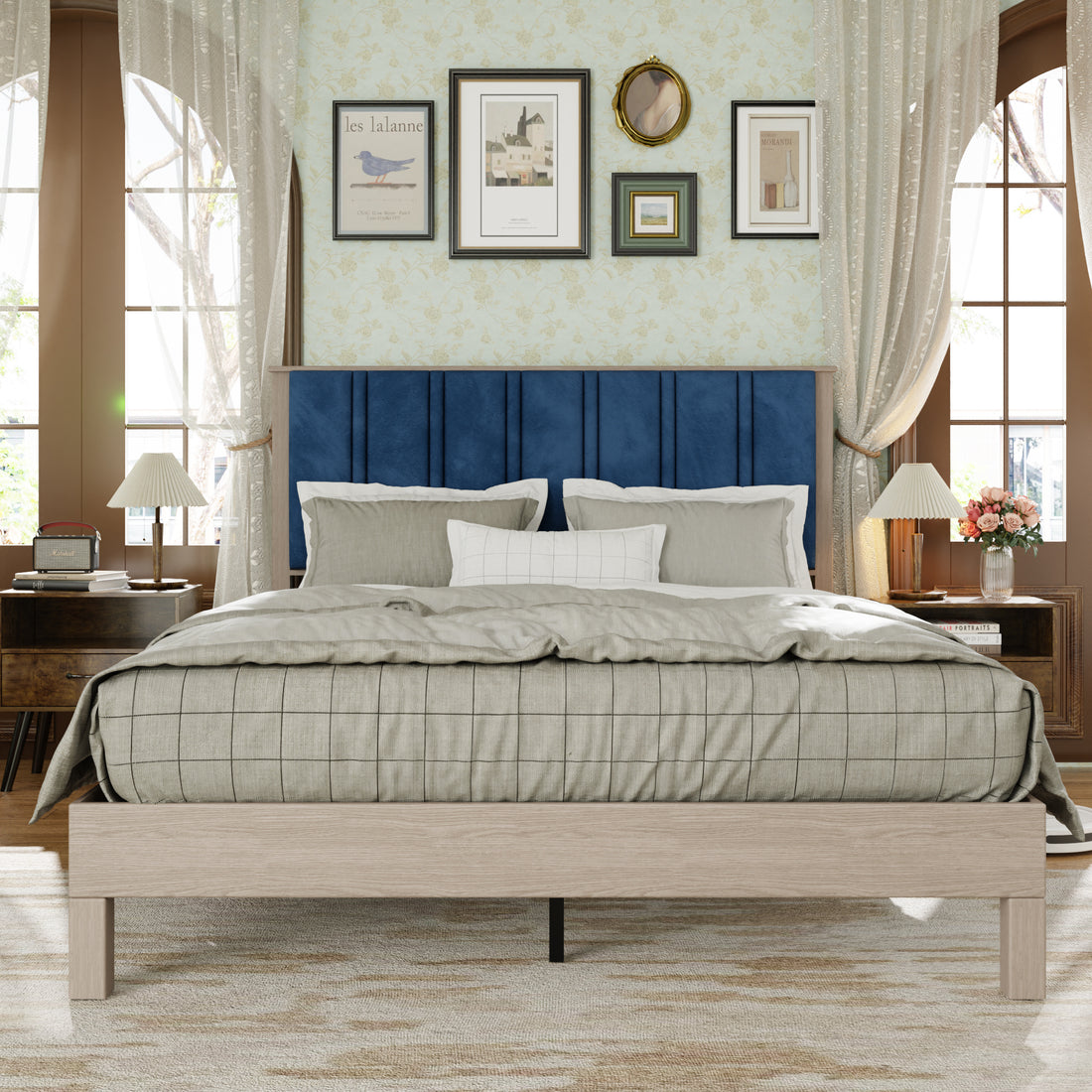 Full Bed Frame, Wood With Wood Headboard Bed Frame With Upholstered Headboard Wood Foundation With Wood Slat Support No Box Spring Needed Easy Assembly Box Spring Not Required Full Antique Grey White Wood Bedroom Pine Bed Frame Metal & Wood