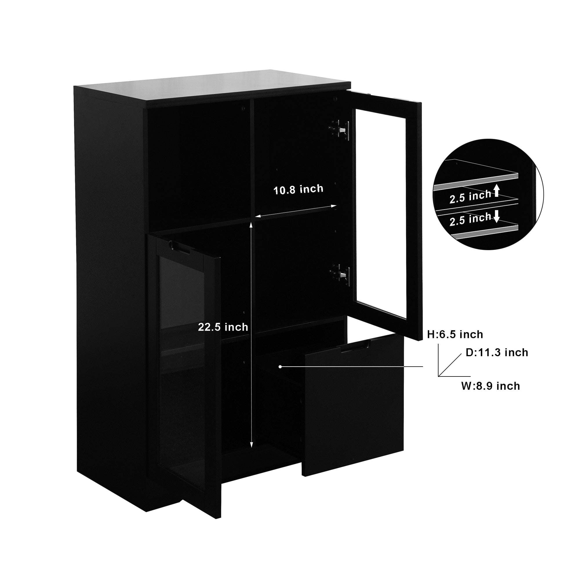 Wooden Floor Cabinet With 2 Glass Doors And 2 Storage Space,Black ,Living Room Bathroom Entryway Black Mdf