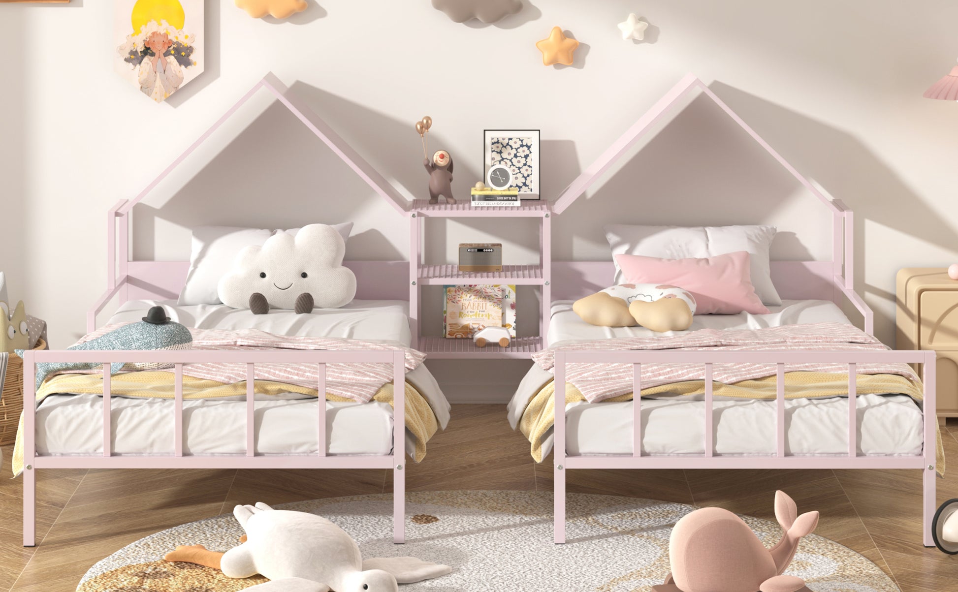 Metal Double Twin Size Platform Bed With House Shaped Headboard And A Built In Nightstand, Pink Box Spring Not Required Twin Pink Metal Metal