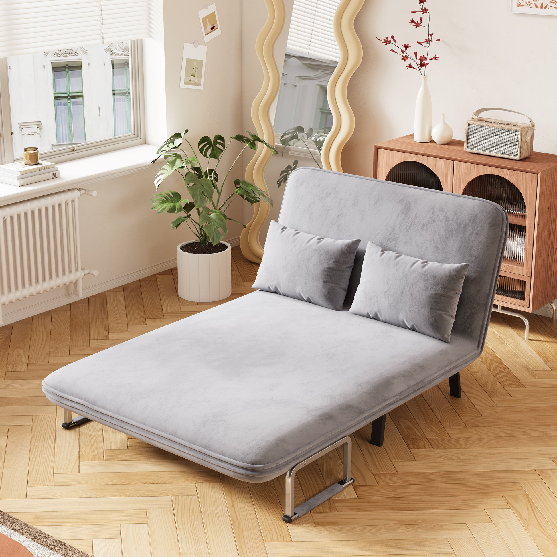 39 Convertible Chair Bed, Tri Fold Sofa Bed With Adjustable Backrest & Pillow, Leisure Chaise Lounge Couch With Sturdy Steel Frame For Home & Office, Comfortable Sleeper Chair Light Grey Dutch Velvet Light Grey Velvet Contemporary Polyurethane Foam Metal