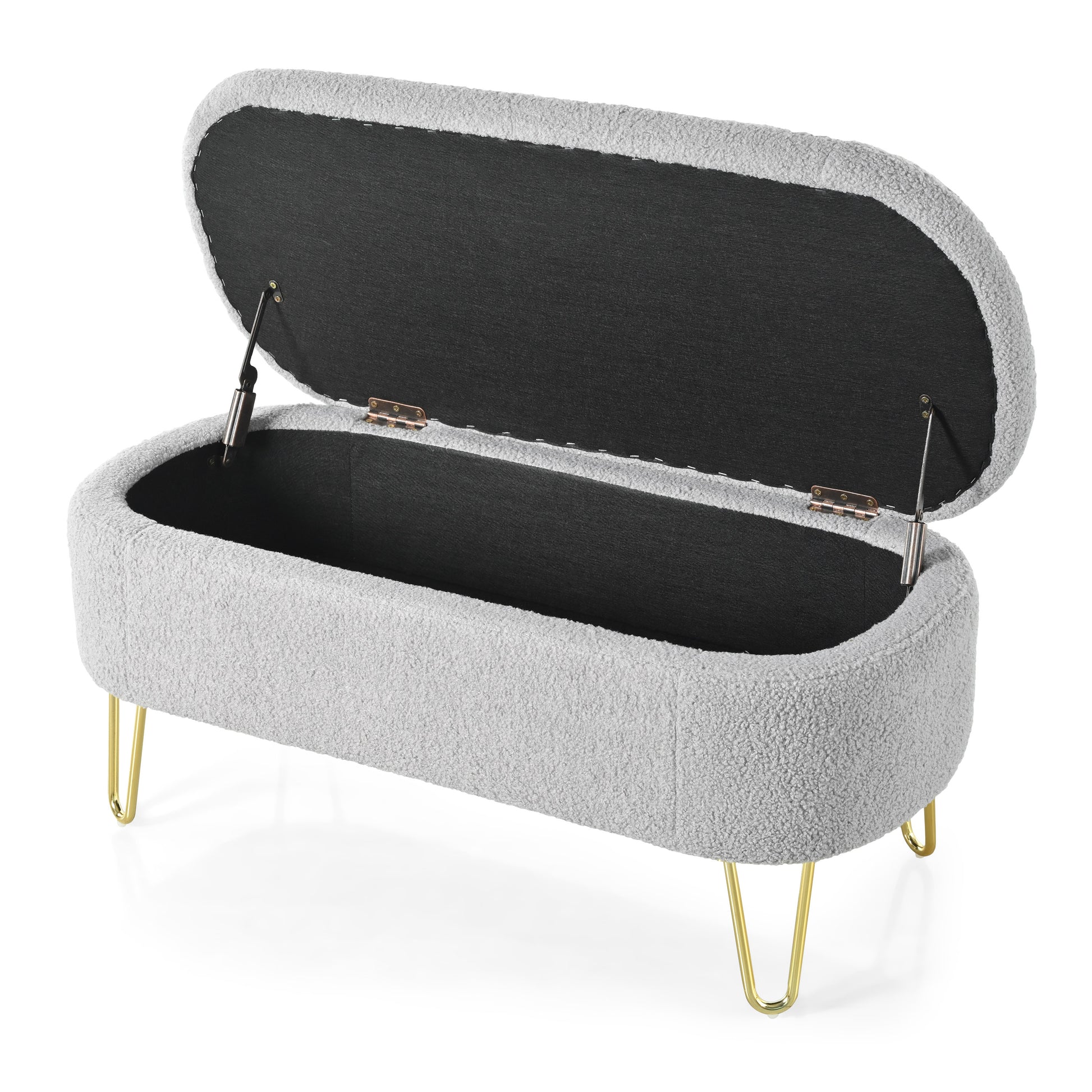 Oval Storage Bench For Living Room Bedroom End Of Bed, Upholstered Storage Ottoman Entryway Bench With Metal Legs,Grey Wood Primary Living Space Solid Grey Pine With Storage Grey Polyester Polyester Or Polyester Blend Backless Modern Oval Flip Top