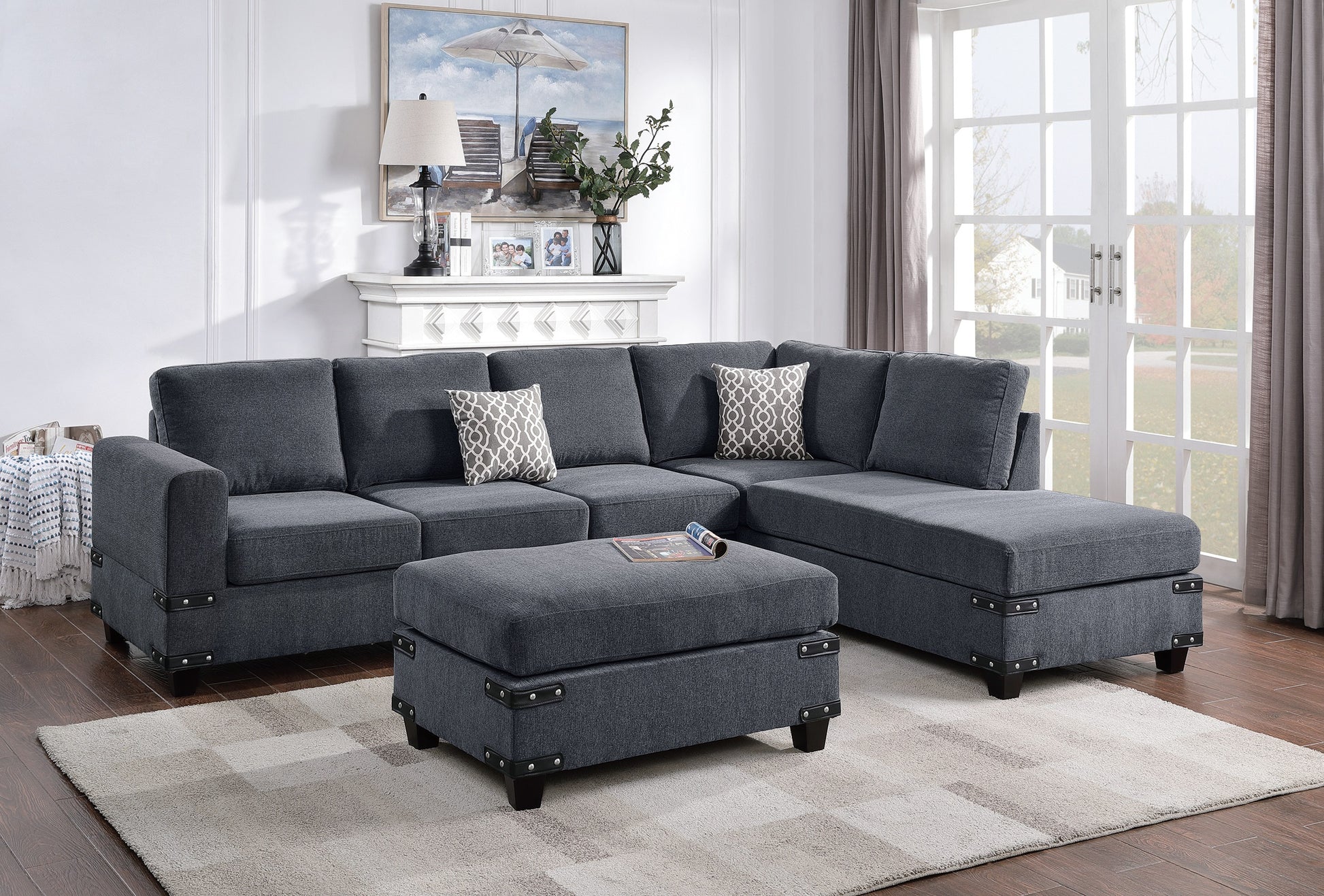 Living Room Furniture Charcoal Chenille Sectional W Ottoman Linen Like Fabric Sofa Reversible L R Chaise Ottoman 3Pc Sectional Sofa Charcoal Chenille Wood Primary Living Space Cushion Back