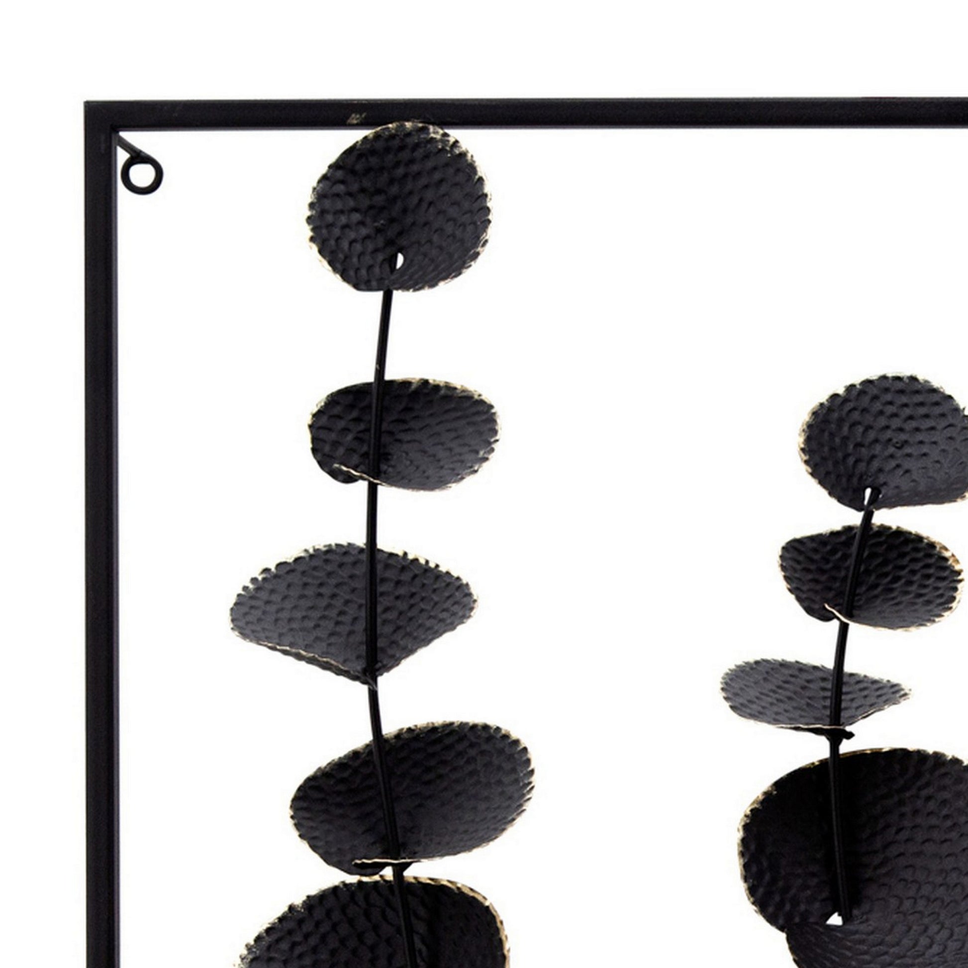 Wall Decor With Textured Leaves And Metal Frame, Black Black Metal