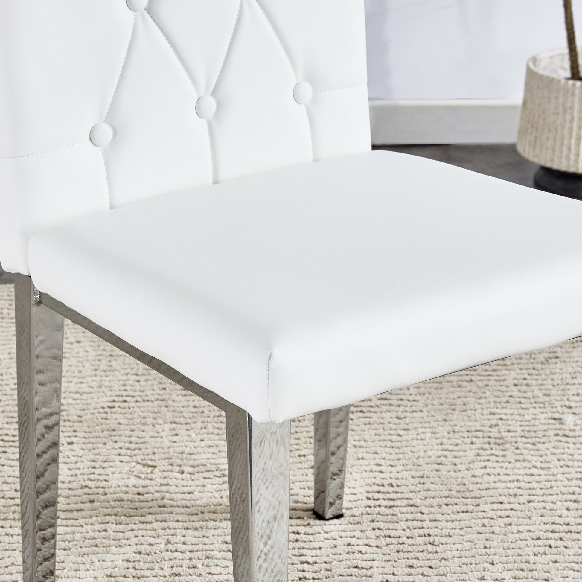 Table And Chair Set.63"X35.4" White Marble Patterned Mdf Dining Table Set With 6 Armless White Pu Chairs.Showcasing A Modern And Stylish Look. White Seats 6 Mdf Metal