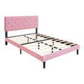 Queen Size Upholstered Platform Bed Frame With Modern Button Tufted Linen Fabric Headboard, No Box Spring Needed, Wood Slat Support, Easy Assembly, Pink Queen Pink Linen