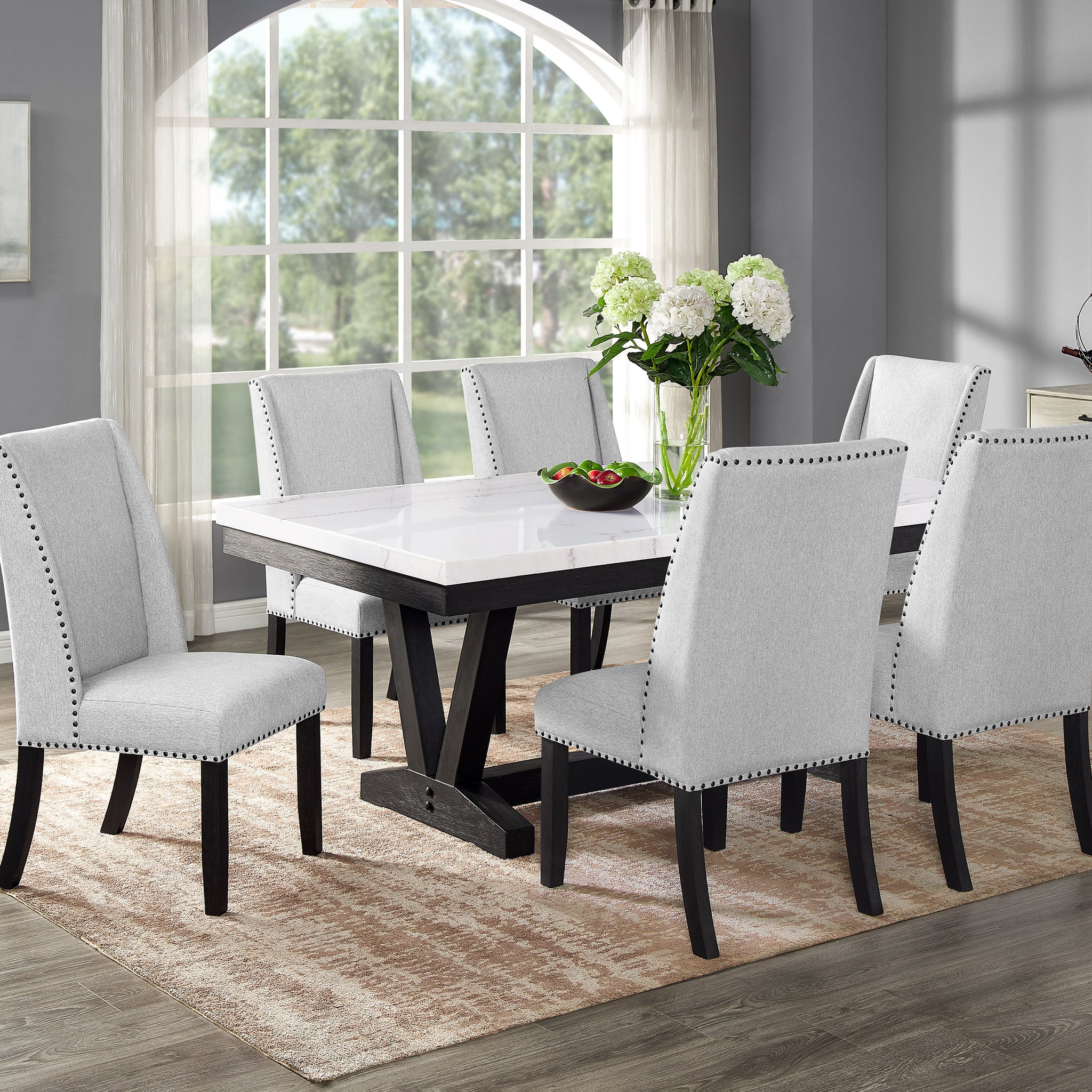 7Pc Dining Set Contemporary Style White Genuine Marble Rectangular Table Top Dove Gray Upholstery Chairs Tufted Black Finish Wooden Solid Wood Dining Room Furniture Wood Wood Gray Seats 6 Wood Dining Room Contemporary,Modern,Transitional Trestle