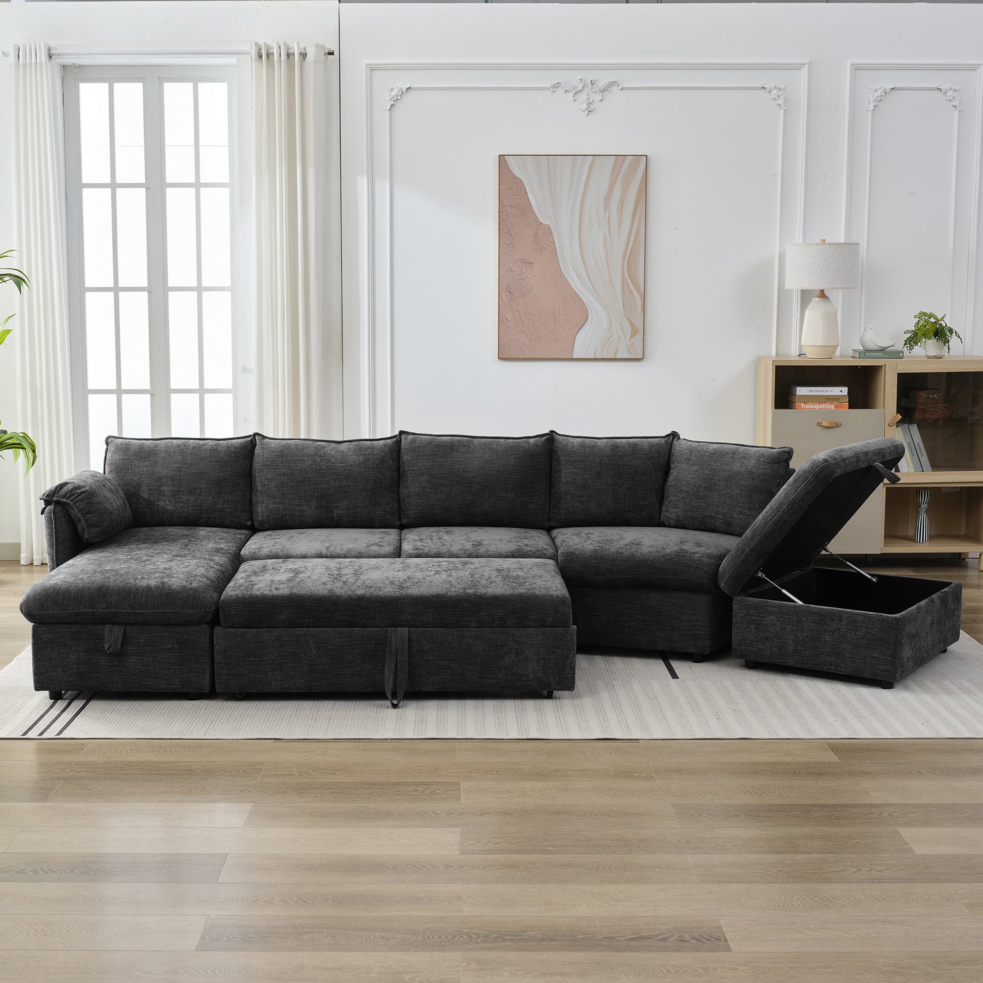 146.9" L Shaped Sofa Sectional Sofa Couch Pull Out Sofa Bed With A Movable Storage Ottoman, A Storage Chaise Lounge And Two Usb Ports For Living Room, Grey Grey Foam Linen 5 Seat