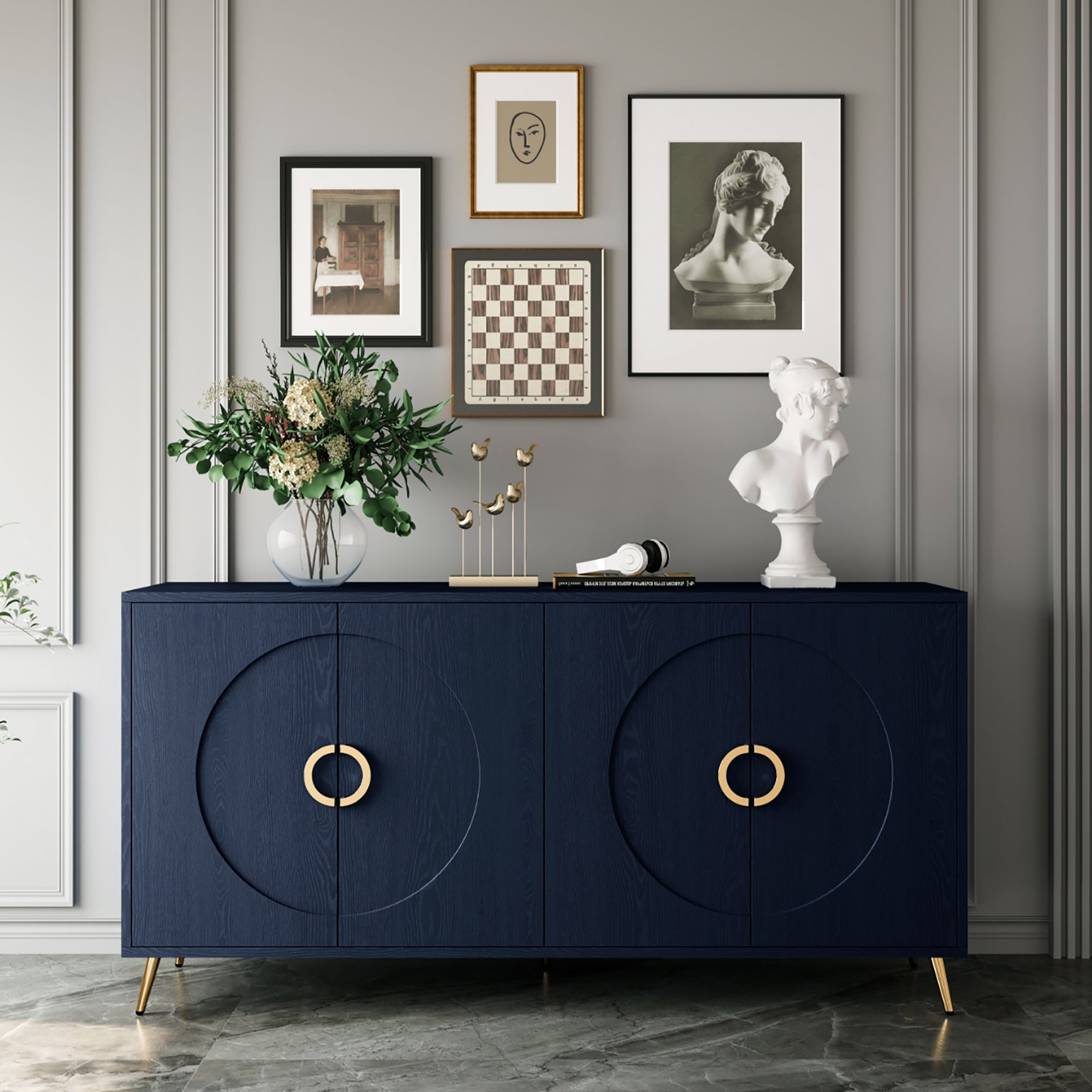 Modern Lacquered 4 Door Wooden Cabinet Sideboard Buffet Server Cabinet Storage Cabinet, For Living Room, Entryway, Hallway, Office, Kitchen And Dining Room, Navy Blue Lacquered Navy Blue Adjustable Shelves Engineered Wood