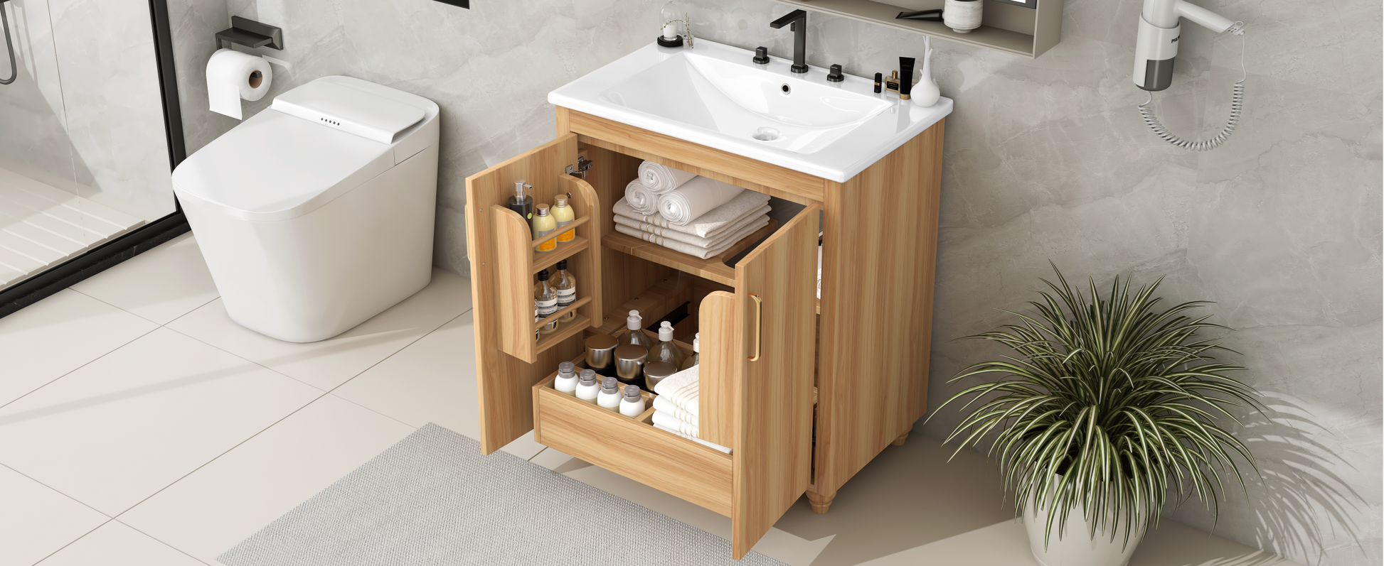 30" Bathroom Vanity With Sink Combo, Multi Functional Bathroom Cabinet With Doors And Drawer, Mdf Board, Natural Natural Solid Wood Mdf