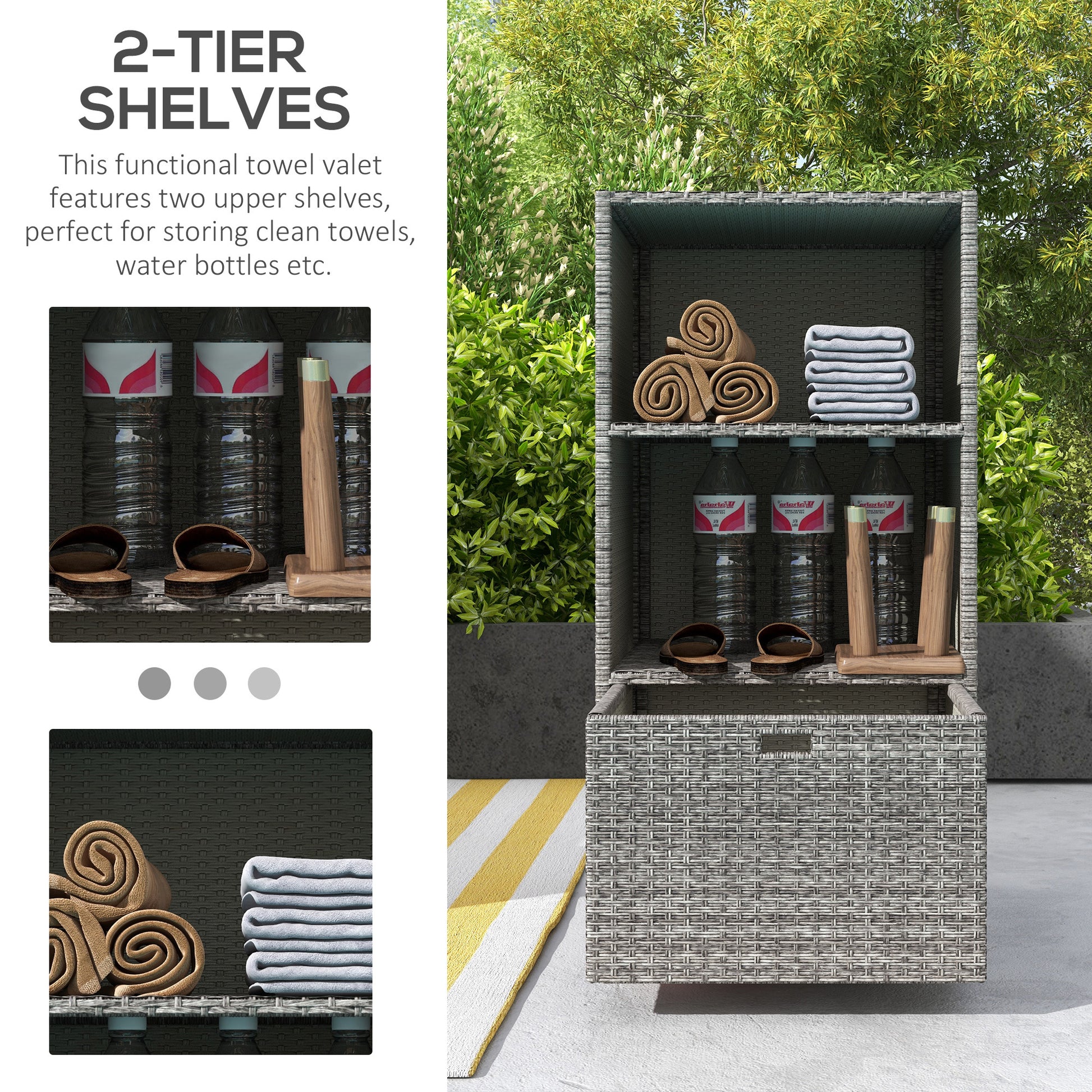 Outsunny Valet Pool Towel Rack, Waterproof Pe Plastic Rattan Wicker Storage Organizer, Indoor Outdoor Spa, And Hot Tub Accessory Storage, 2 Shelves, 1 Basket Drawer, Mixed Gray Dark Grey Rattan