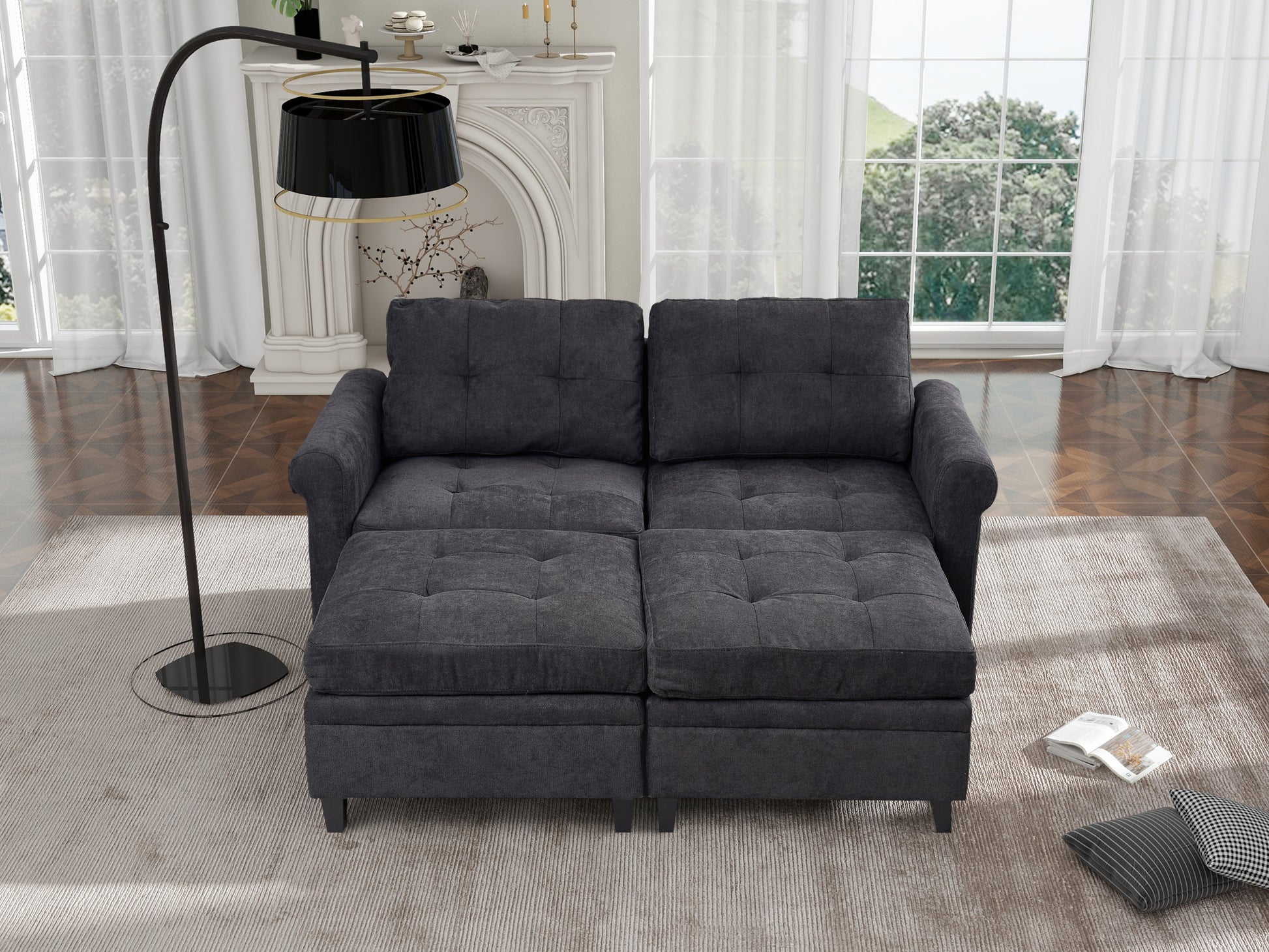 U Shaped Sectional Couch Convertible Sectional Couch With Double Chaise 6 Seat Sectional Sofa For Living Room Dark Gray Dining Room Fabric 6 Seat