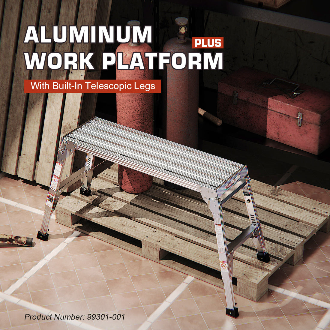 Aluminum Work Platform Large Size Step Stool Folding Portable Work Bench 40" Width Telescopic Feet 22" 27.5" Height Adjustable Grey Aluminium Alloy