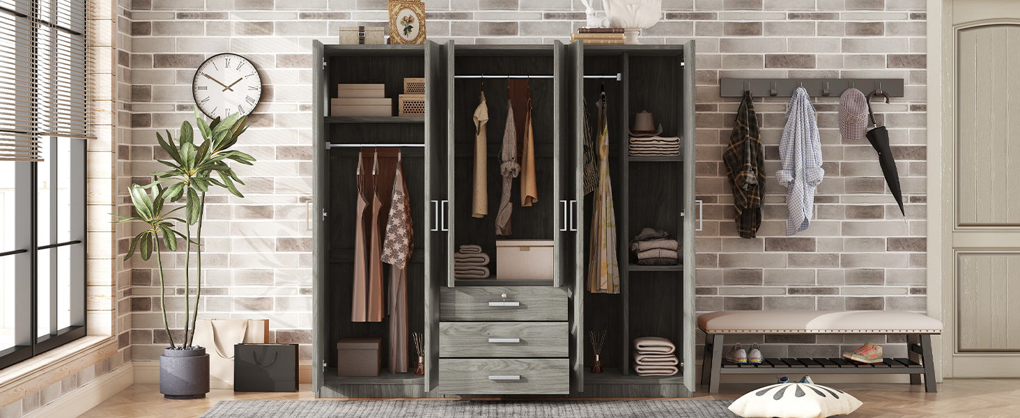 6 Doors Wooden Wardrobe Storage For Bedroom, With Big Drawers, Gray Gray Plywood