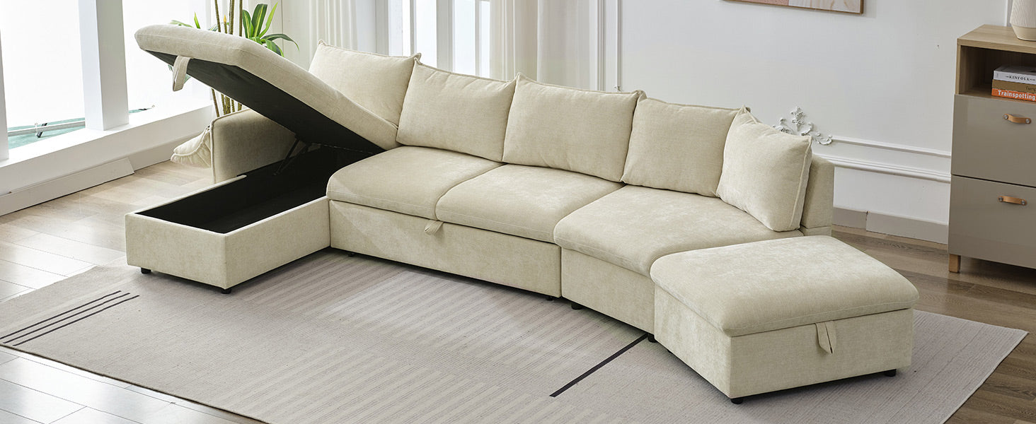 146.9" L Shaped Sofa Sectional Sofa Couch Pull Out Sofa Bed With A Movable Storage Ottoman, A Storage Chaise Lounge And Two Usb Ports For Living Room, Beige Beige Foam Linen 5 Seat