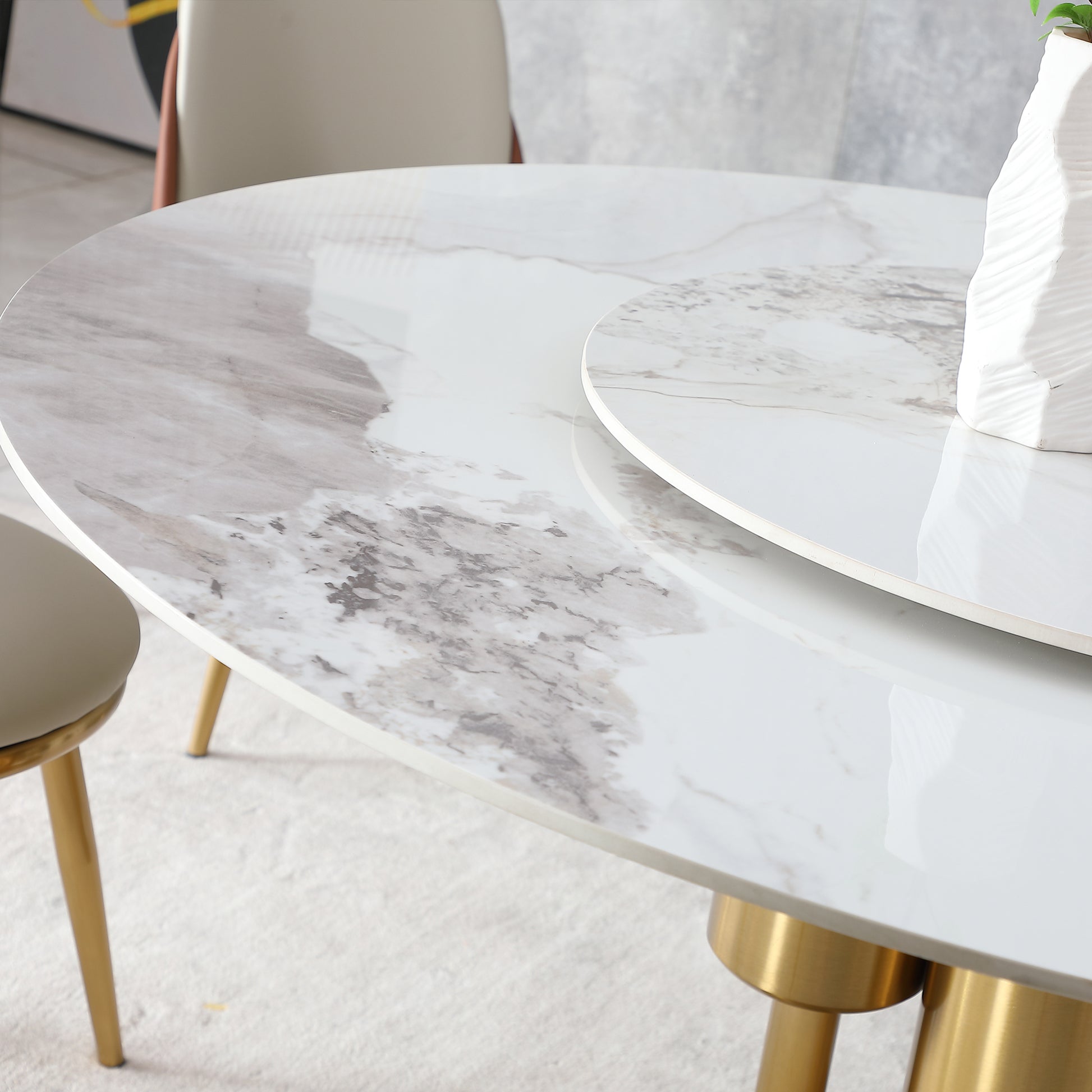 Modern Marble Dining Table, 59" Round Sintered Stone Table For Dining Room, Kitchen, Dinette, Compact Space With Lazy Susan 6 Chairs Gold,White Dining Room American Design,Luxury,Modern Tabeltop