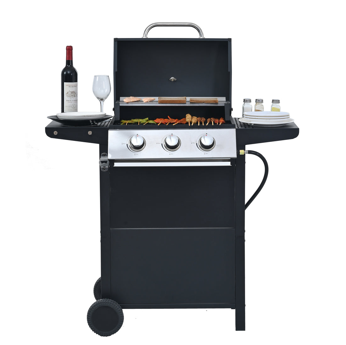 Propane Gas Grill 4 Burner Barbecue Grill, Stainless Steel 34,000 Btu Patio Garden Barbecue Grill With Two Shelves, Lid, Wheels And Bottle Opener Black Iron