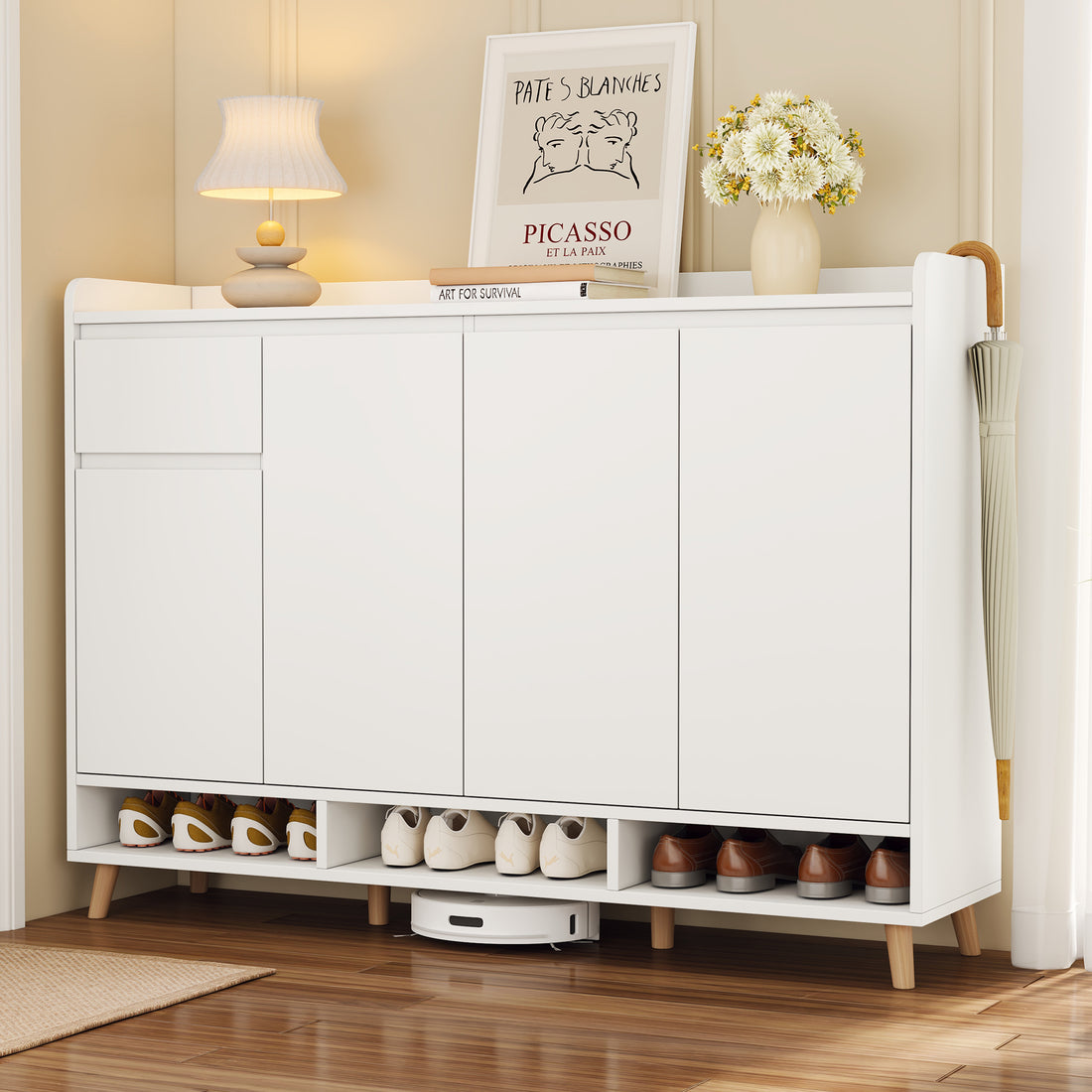 Sleek And Contemporary Shoe Cabinet With Adjustable Shelves, Minimalist Home Organizer With Solid Wood Legs, Storage Sideboard For Entryway, Living Room, White White Primary Living Space Particle Board