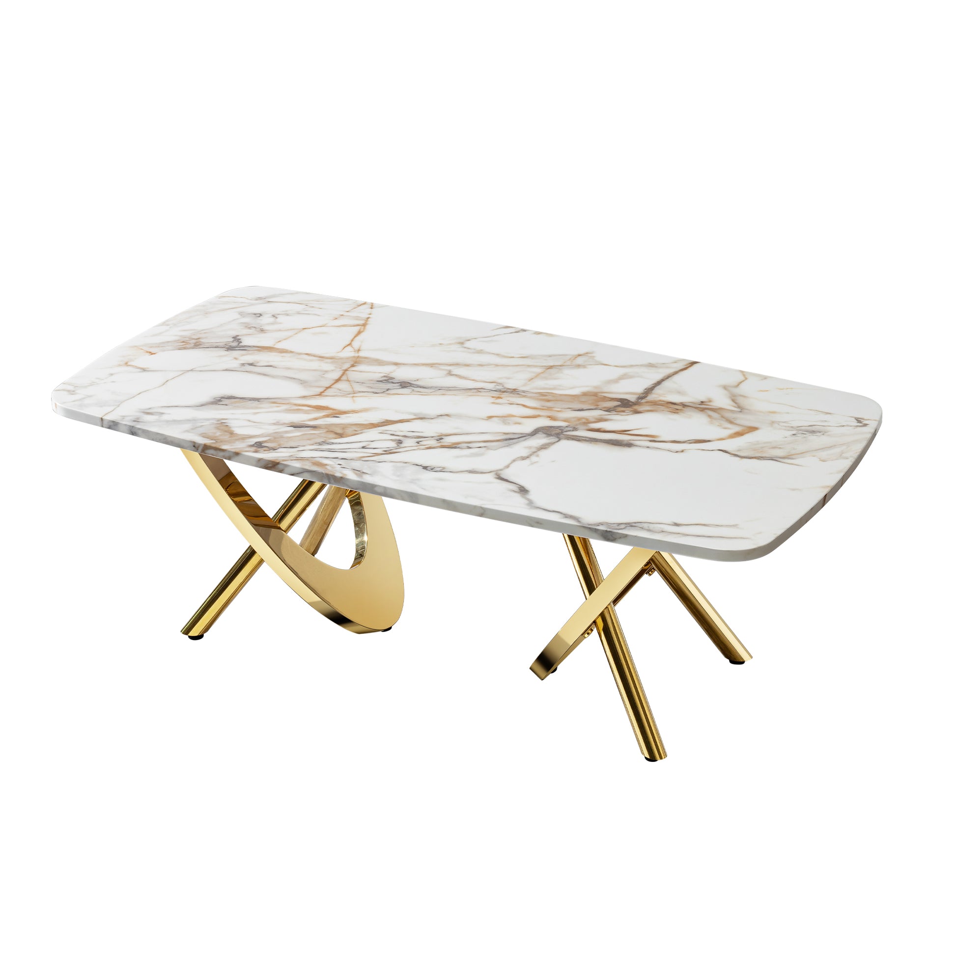 Gold Stainless Steel Marble Pattern Coffee Table 50.78" L X 27.16" W X 18.11" H For Living Room & Office Gold Modern Coffee & End Tables Rectangular Stainless Steel
